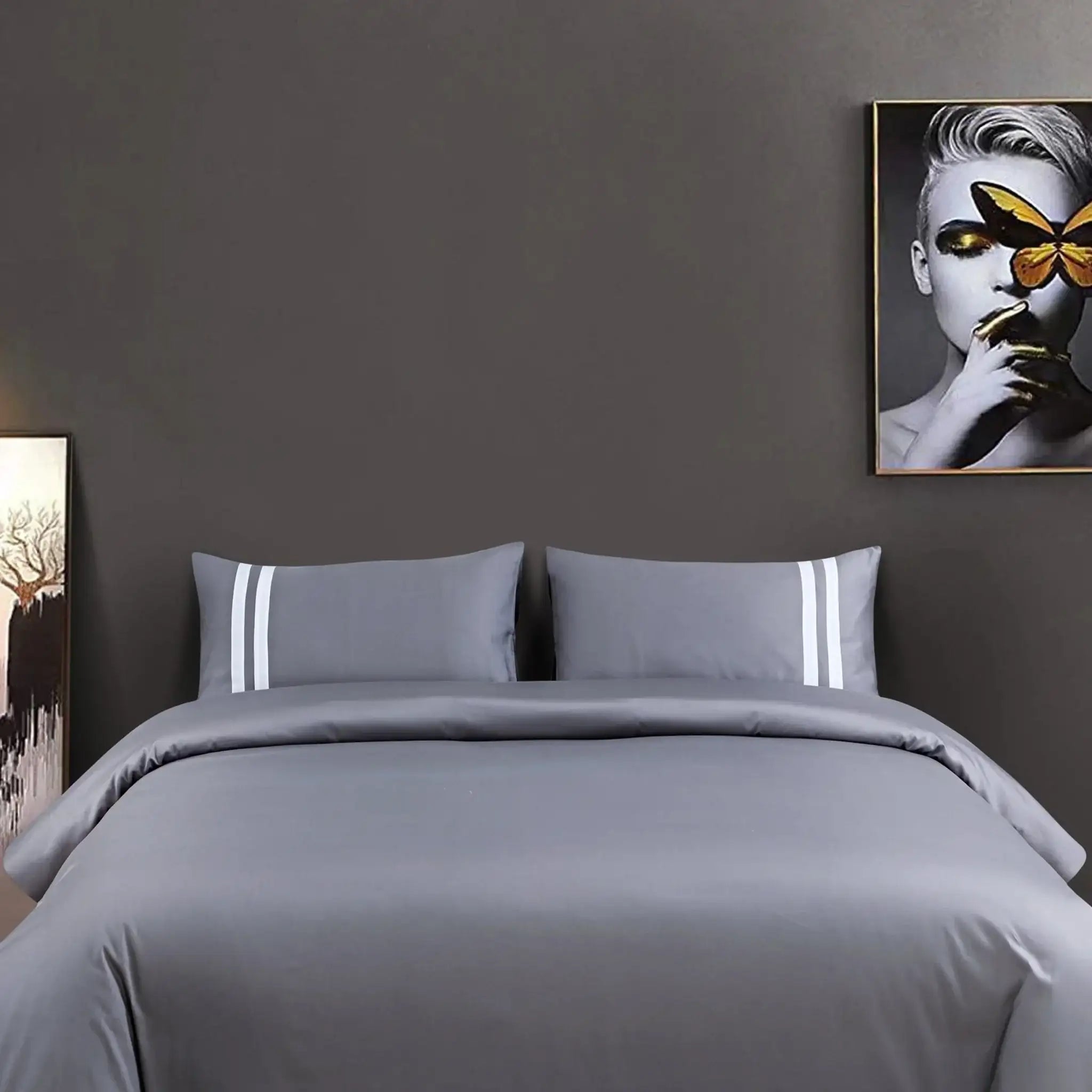 Luxe Striped King Size Bedsheet with 2 Pillow Covers-Grey