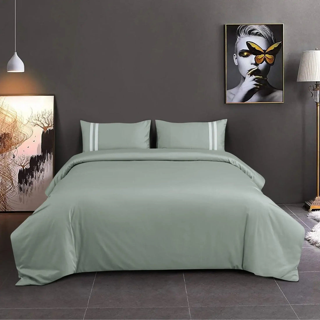 Luxe Striped King Size Bedsheet with 2 Pillow Covers-Olive Green