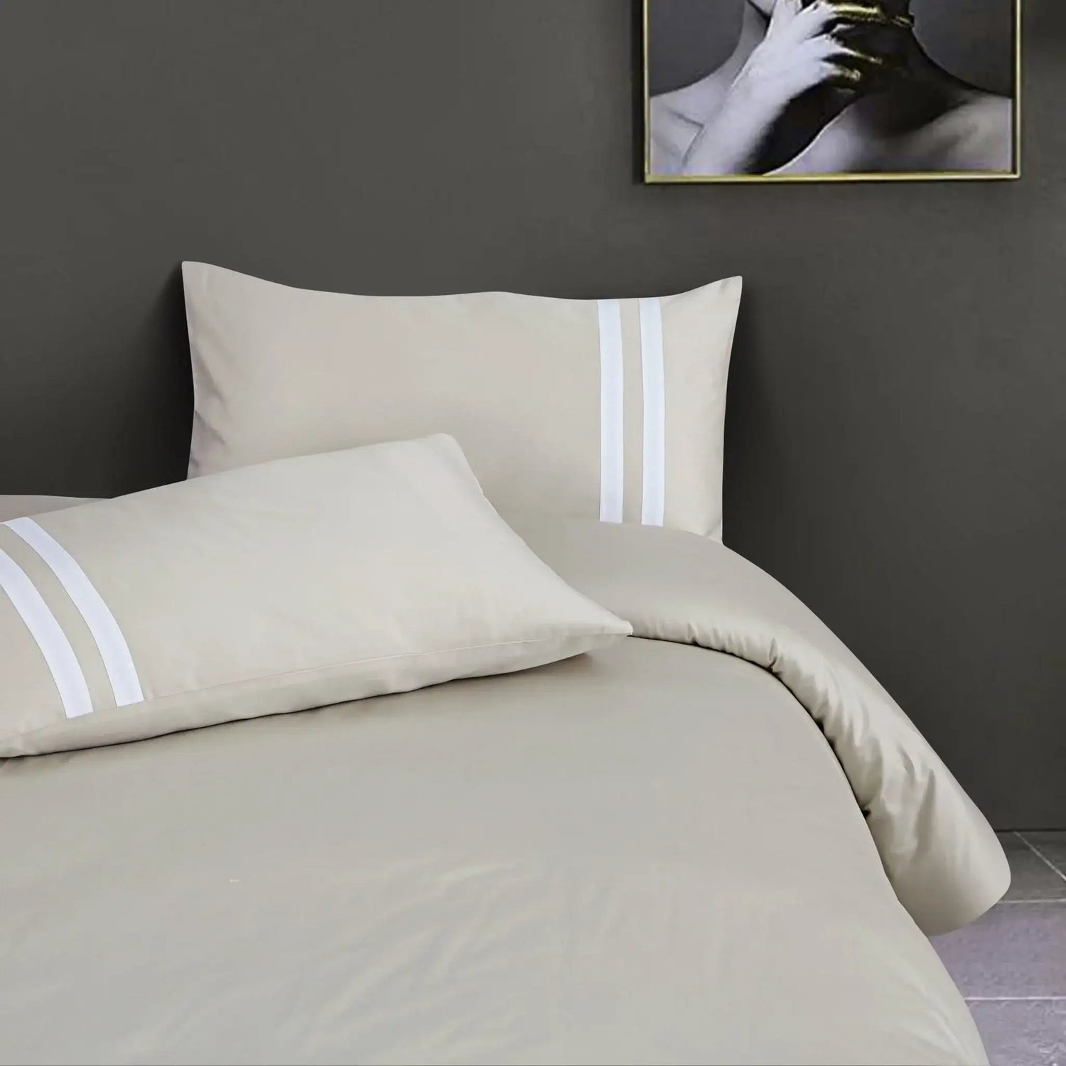 Luxe Striped King Size Bedsheet with 2 Pillow Covers-Olive Beige