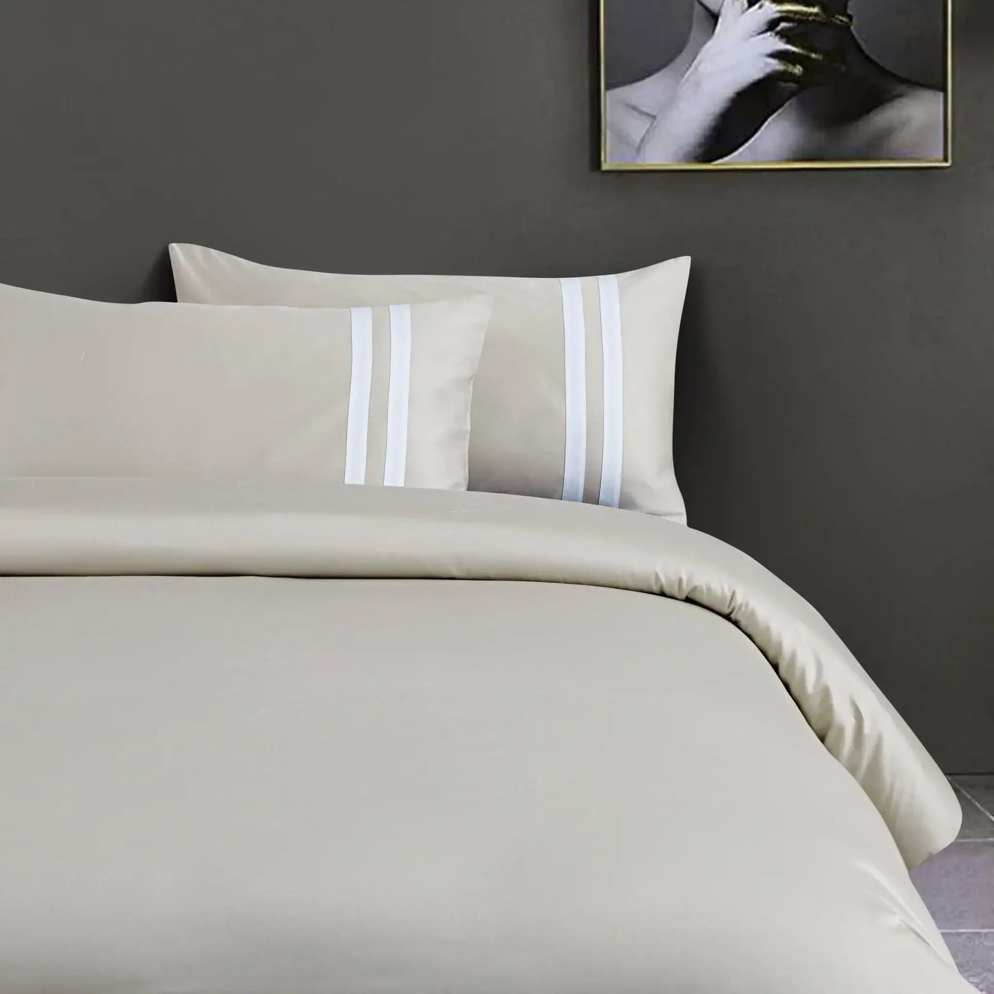 Luxe Striped King Size Bedsheet with 2 Pillow Covers-Olive Beige