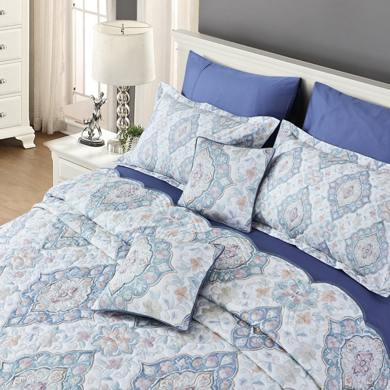 Royale Quilted Bedcover - White &amp; Blue