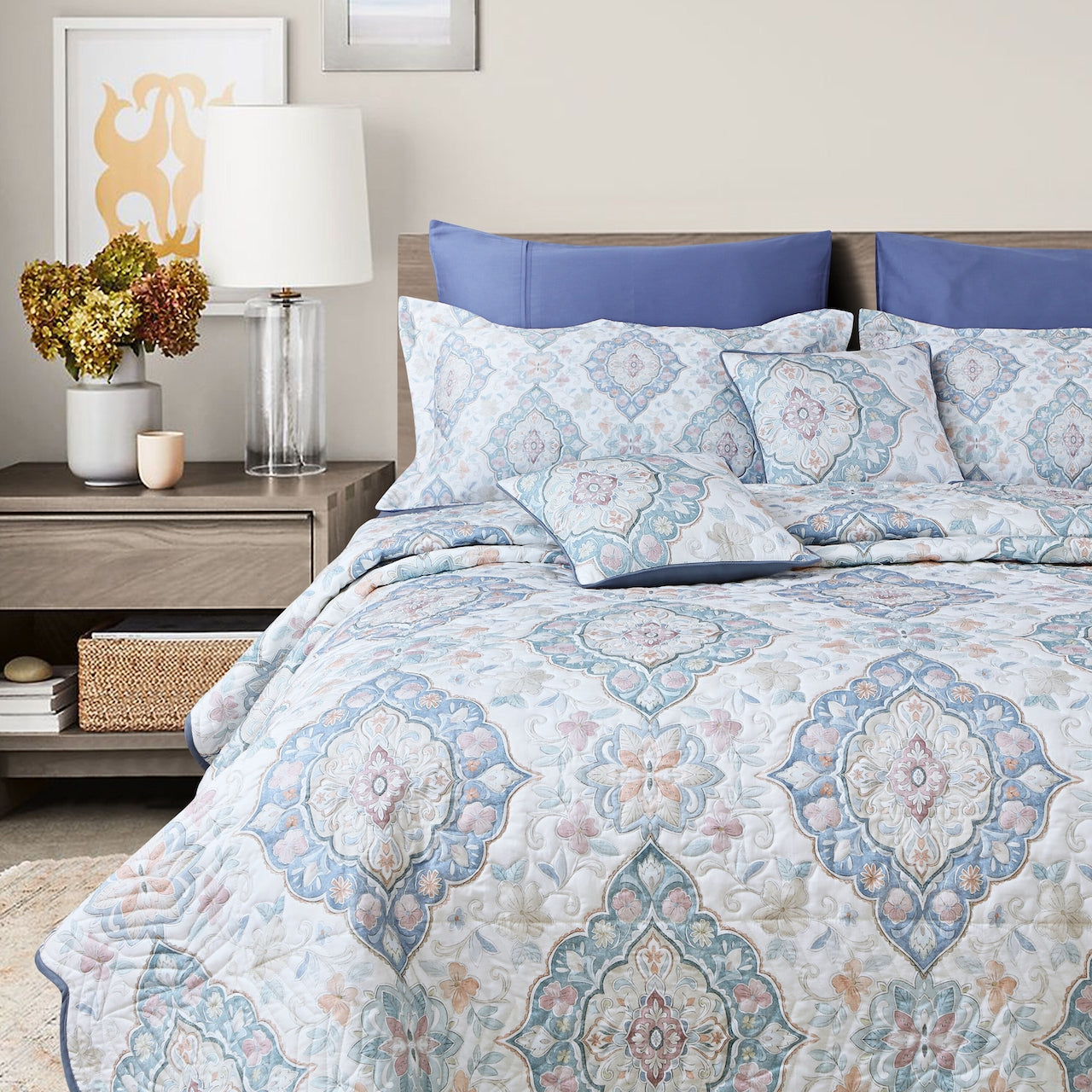 Royale Quilted Bedcover - White &amp; Blue