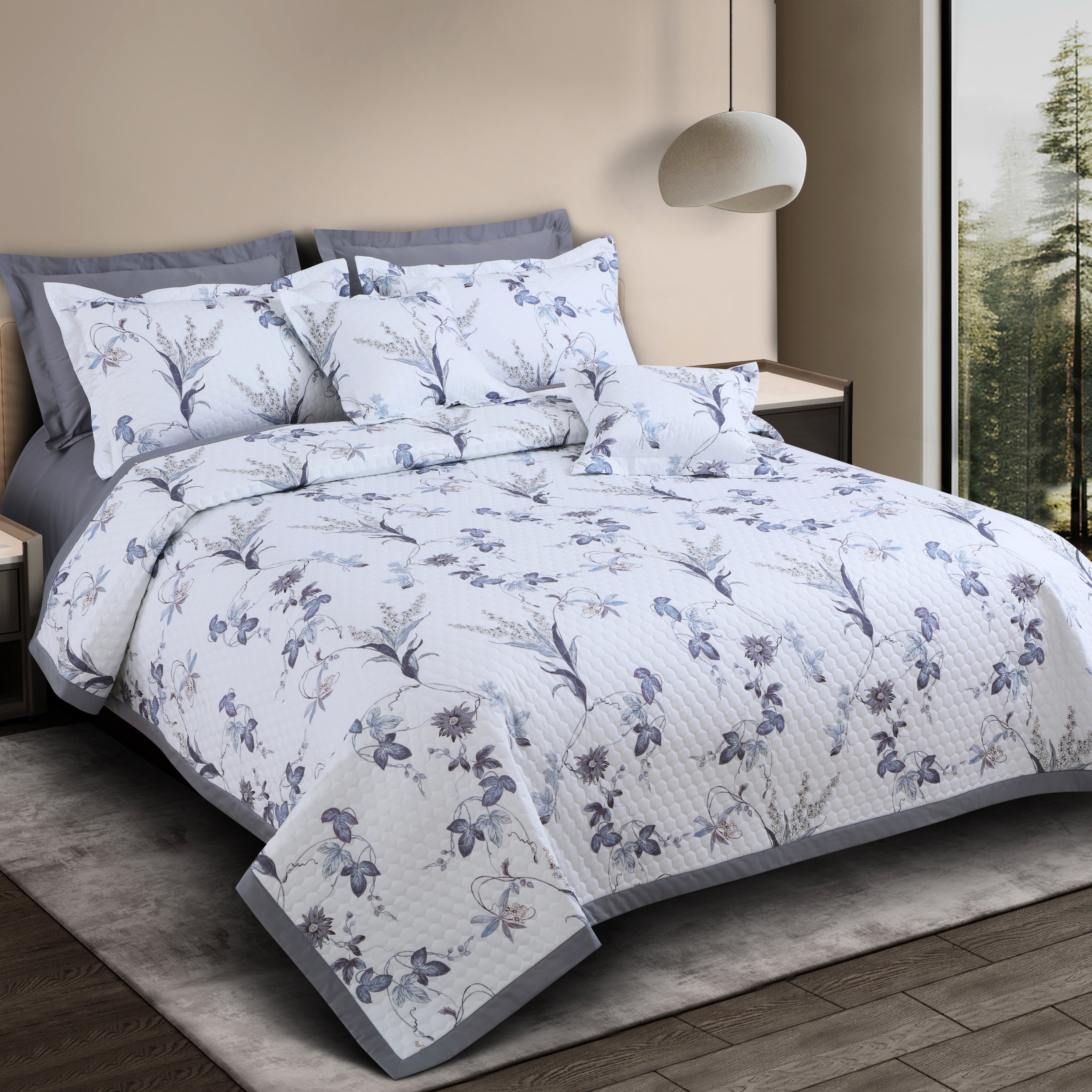 Royale Printed Quilted Bedspread Set with 2 Pillow Covers and 2 Cushion Covers-White