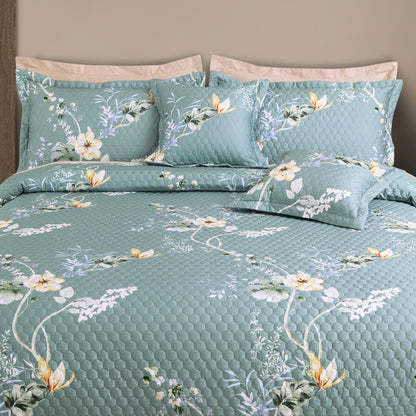 Royale Printed Quilted Bedspread Set with 2 Pillow Covers and 2 Cushion Covers-Green