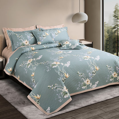 Royale Printed Quilted Bedspread Set with 2 Pillow Covers and 2 Cushion Covers-Green