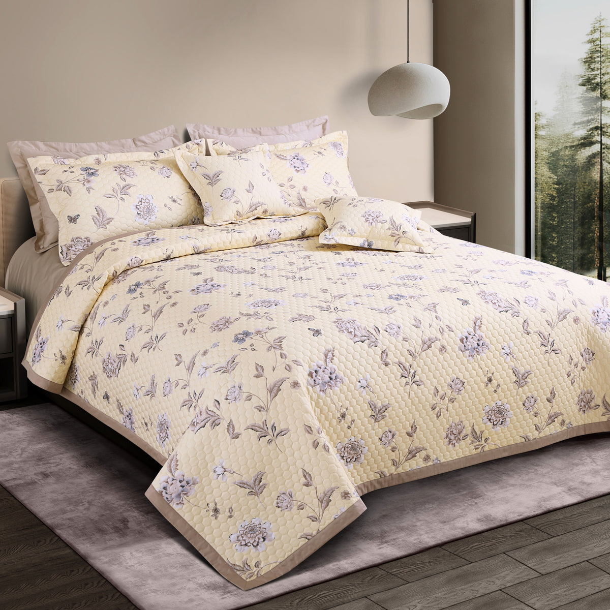 Royale Printed Quilted Bedspread Set with 2 Pillow Covers and 2 Cushion Covers-Yellow
