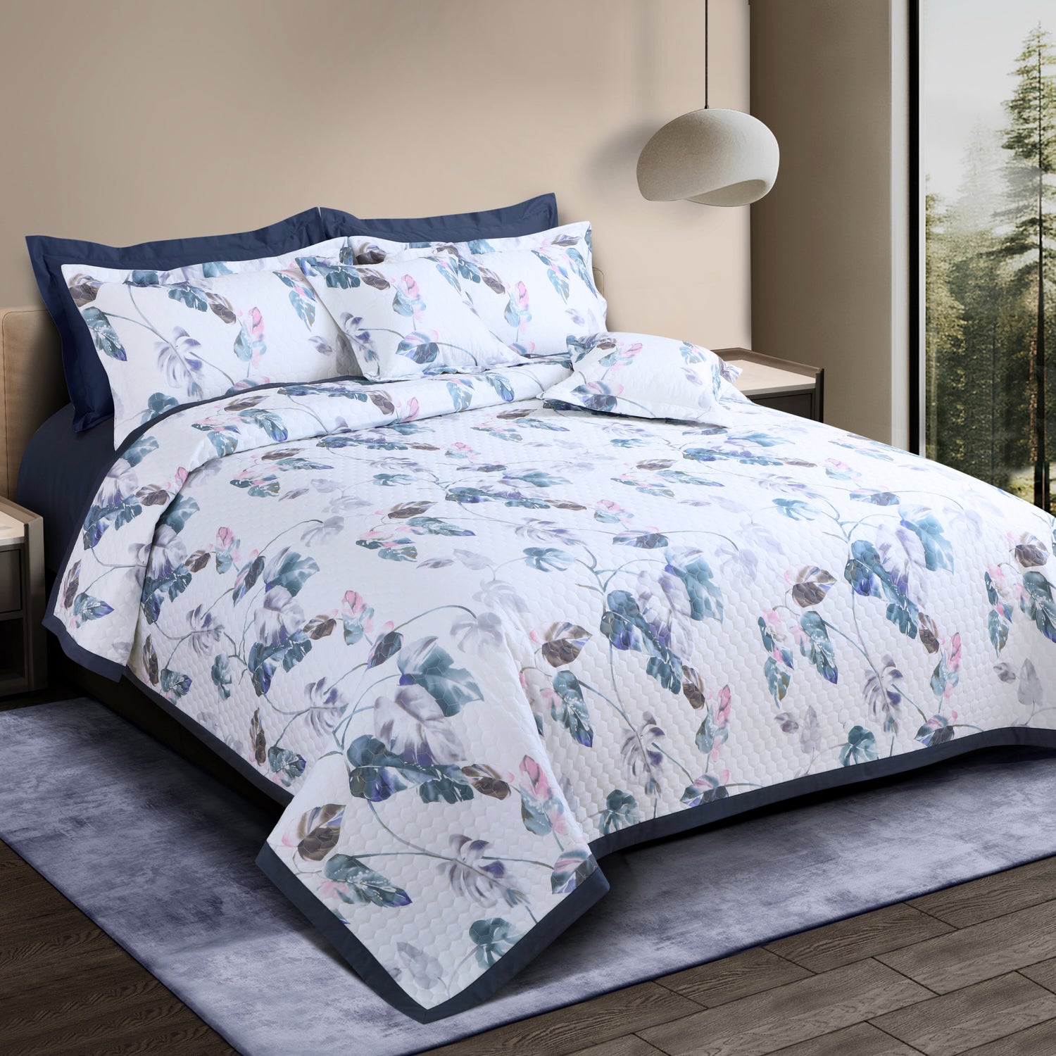 Royale Printed Quilted Bedspread Set with 2 Pillow Covers and 2 Cushion Covers-White