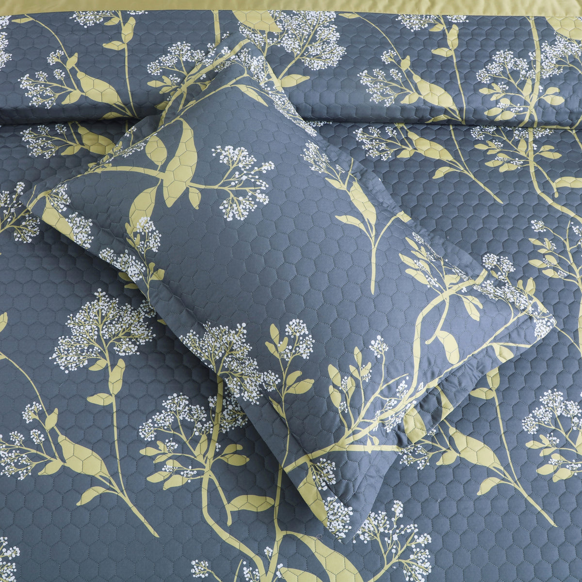 Royale Printed Quilted Bedspread Set with 2 Pillow Covers and 2 Cushion Covers-Grey