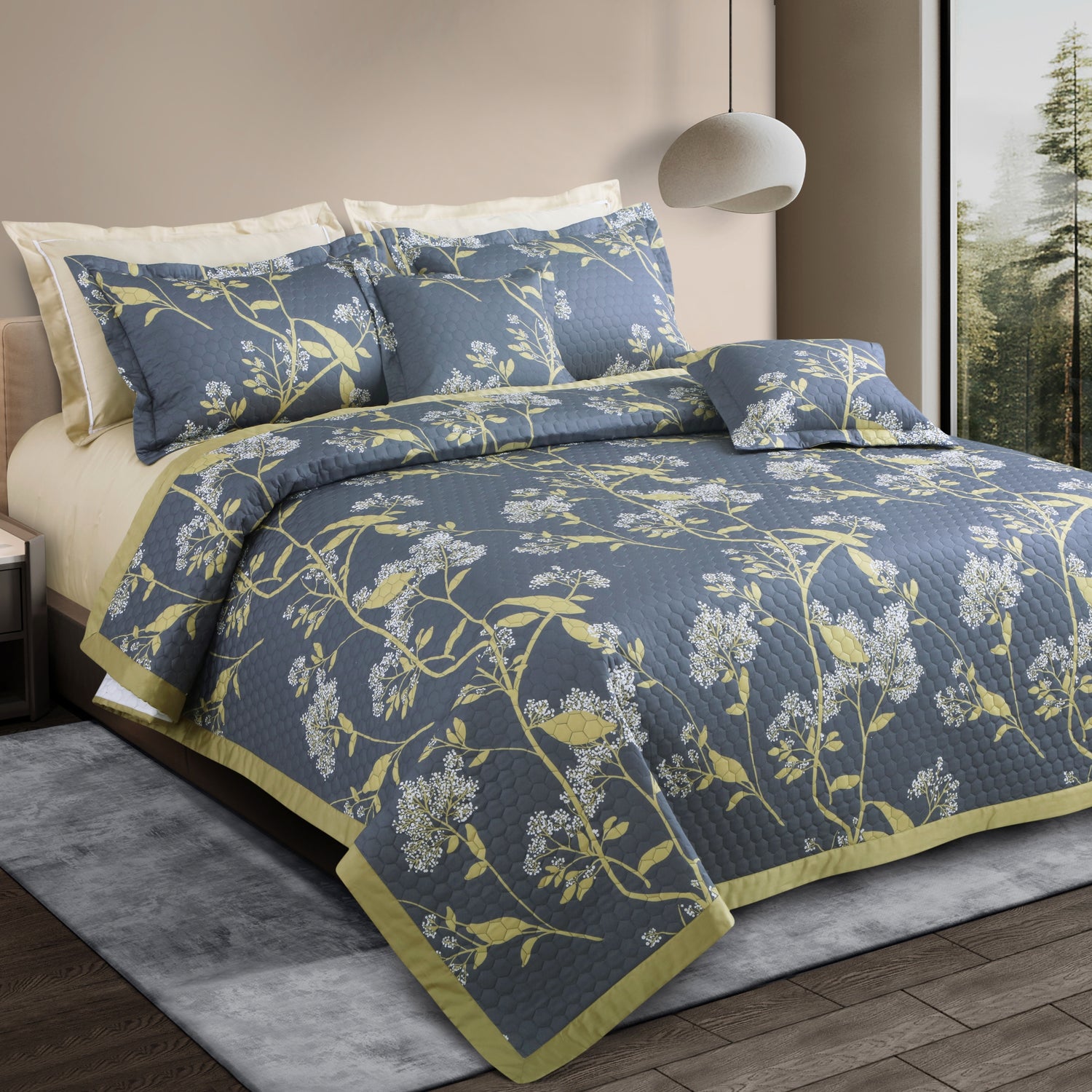 Royale Printed Quilted Bedspread Set with 2 Pillow Covers and 2 Cushion Covers-Grey