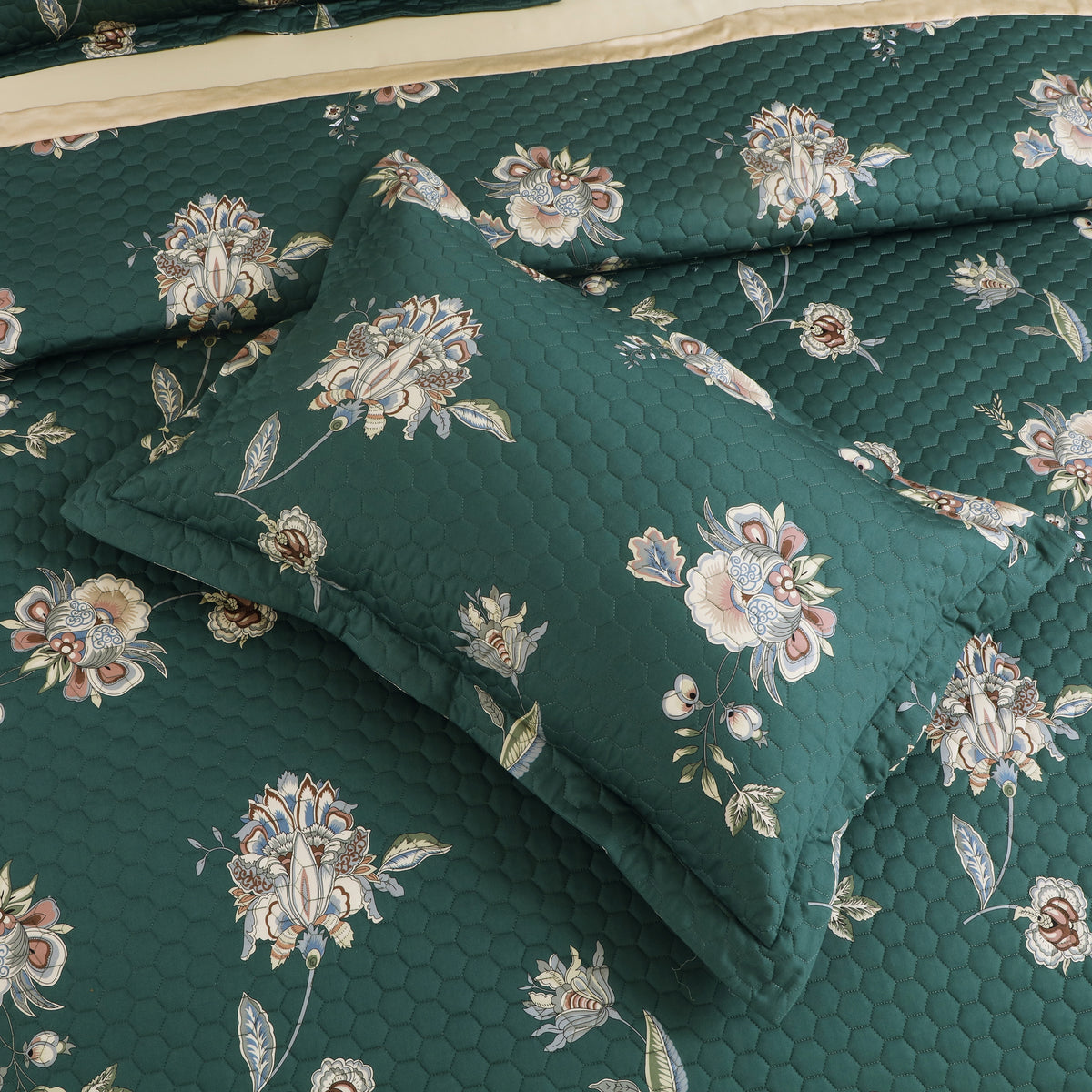 Royale Printed Quilted Bedspread Set with 2 Pillow Covers and 2 Cushion Covers-Green