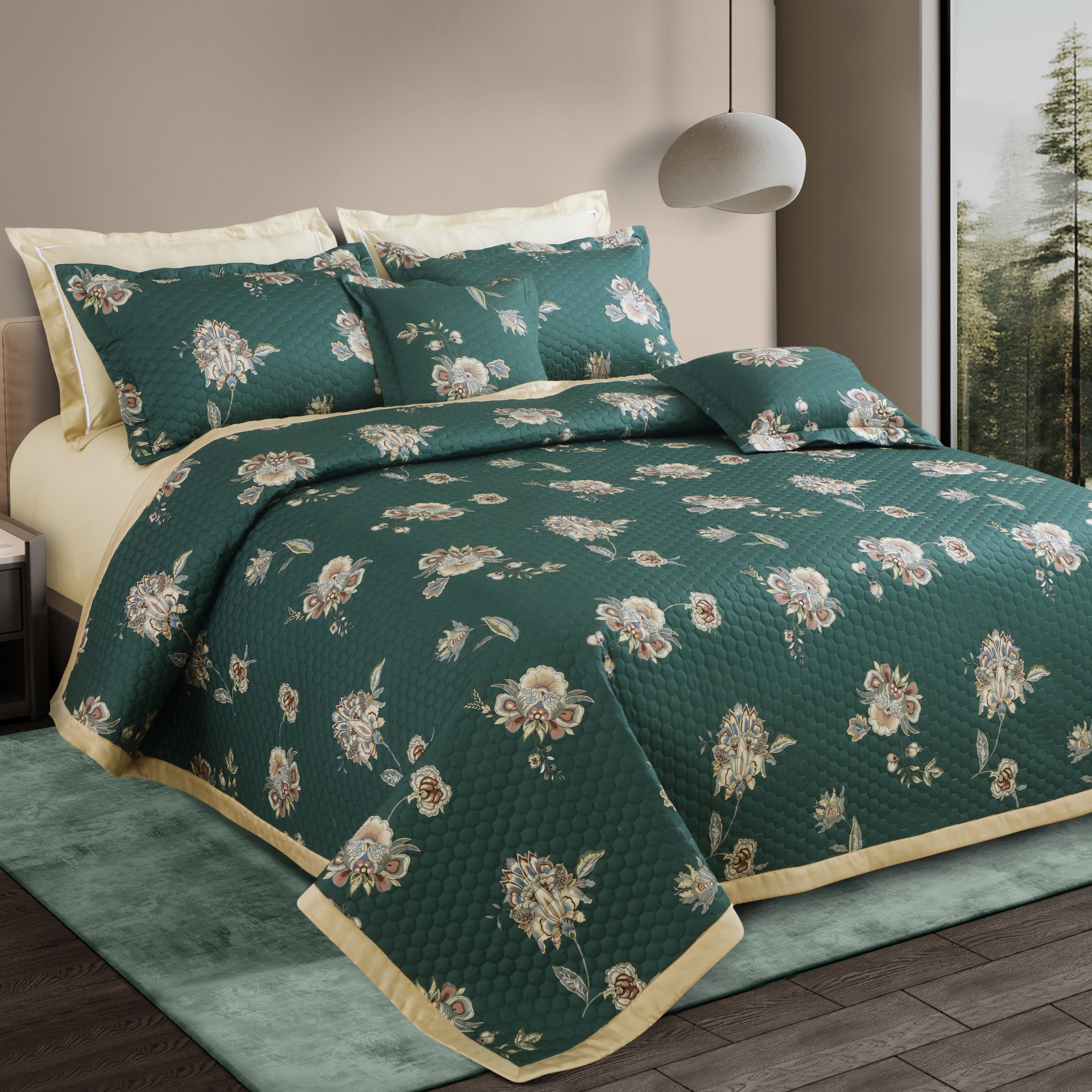 Royale Printed Quilted Bedspread Set with 2 Pillow Covers and 2 Cushion Covers-Green