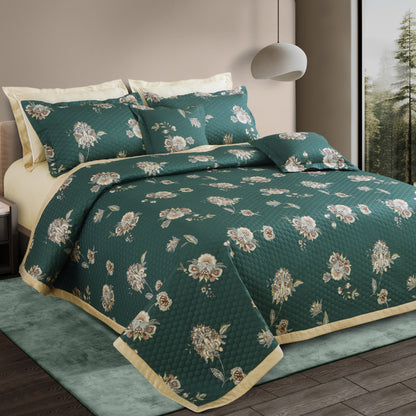 Royale Printed Quilted Bedspread Set with 2 Pillow Covers and 2 Cushion Covers-Green