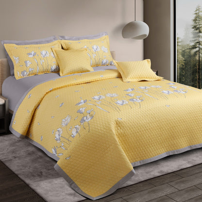 Royale Printed Quilted Bedspread Set with 2 Pillow Covers and 2 Cushion Covers-Yellow