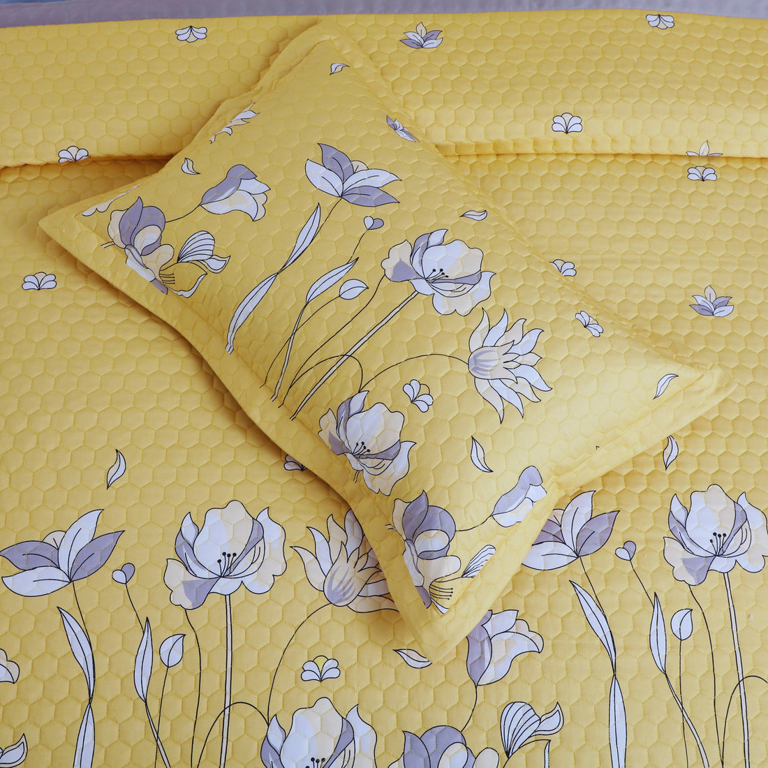 Royale Printed Quilted Bedspread Set with 2 Pillow Covers and 2 Cushion Covers-Yellow
