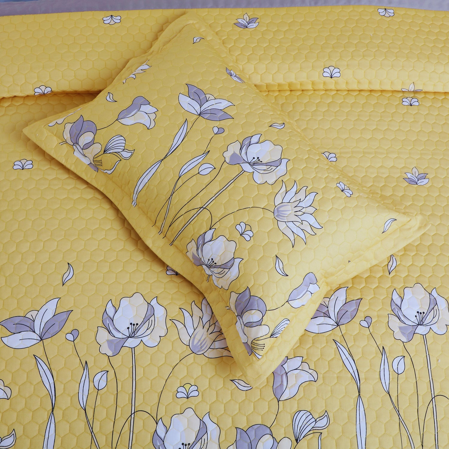 Royale Printed Quilted Bedspread Set with 2 Pillow Covers and 2 Cushion Covers-Yellow