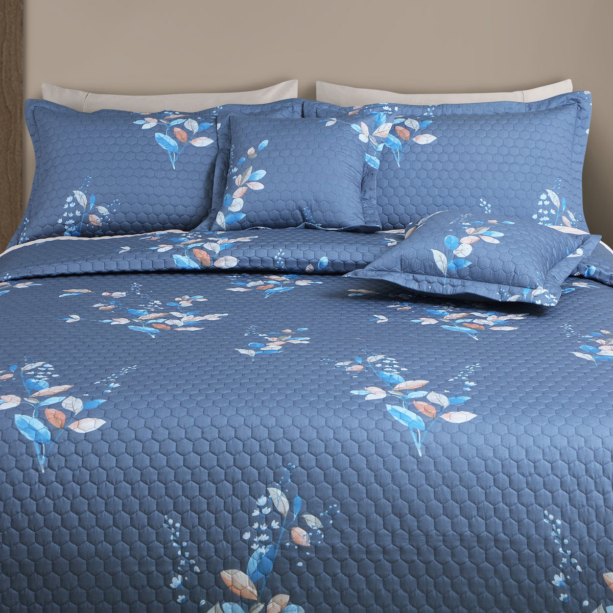 Royale Printed Quilted Bedspread Set with 2 Pillow Covers and 2 Cushion Covers-Blue