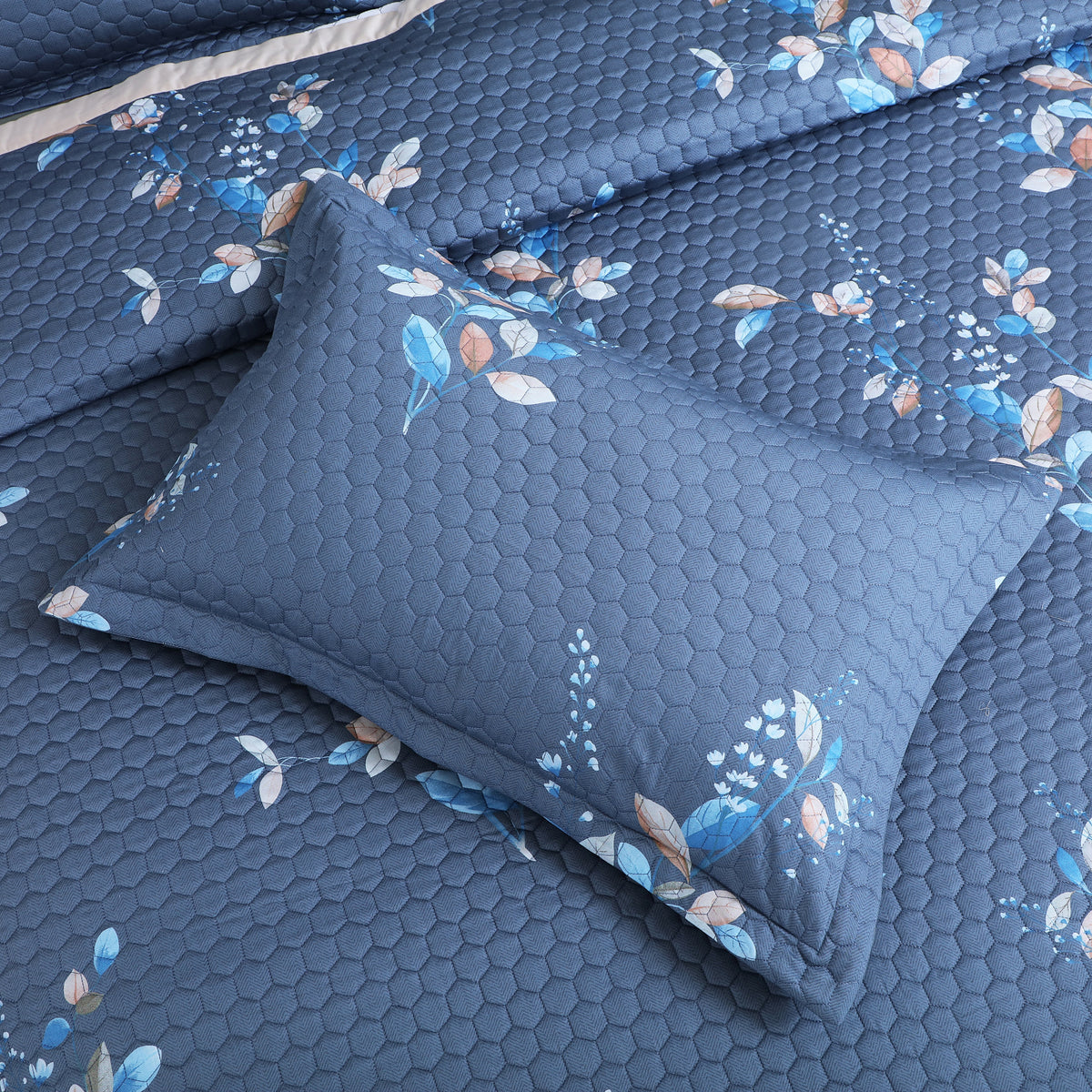 Royale Printed Quilted Bedspread Set with 2 Pillow Covers and 2 Cushion Covers-Blue