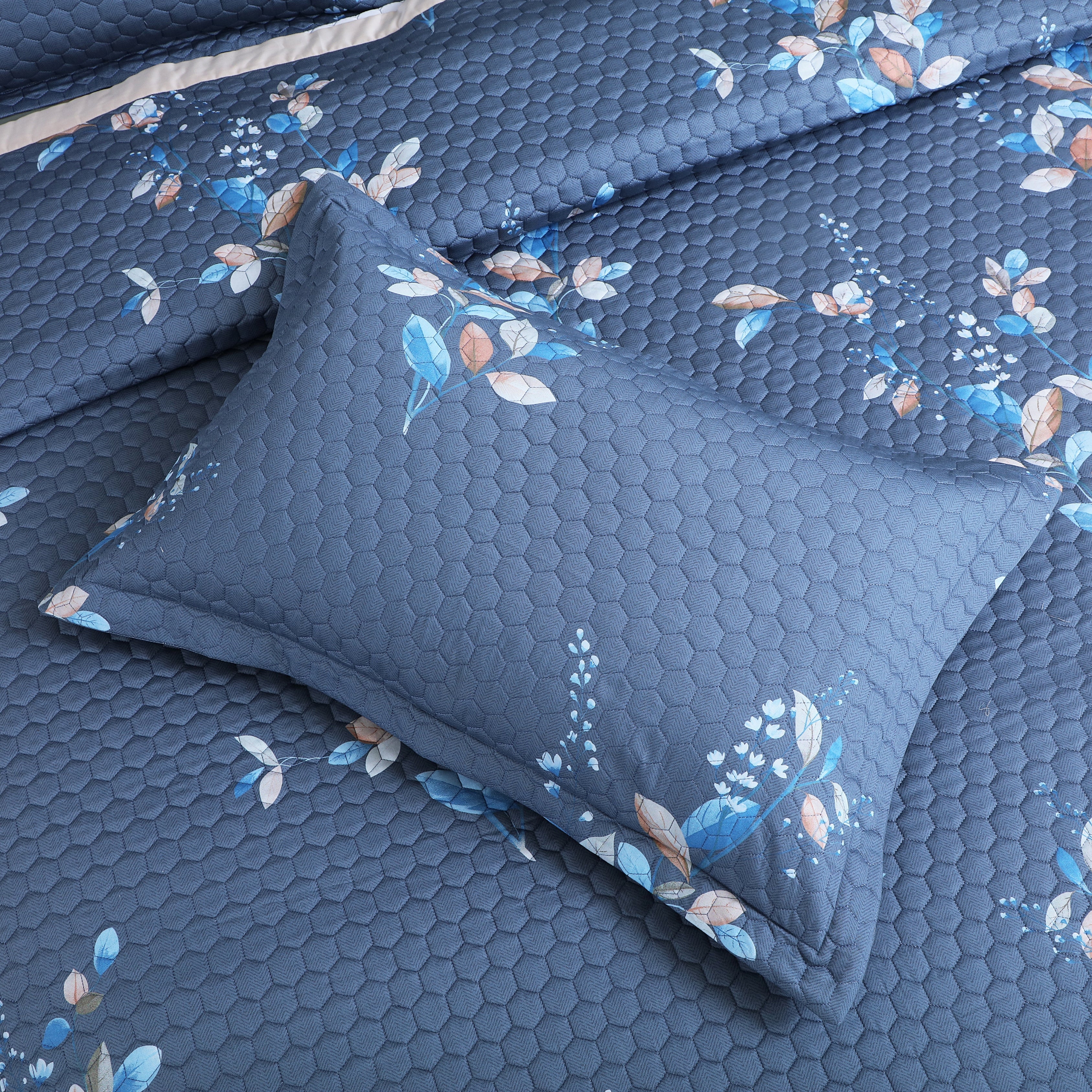 Royale Printed Quilted Bedspread Set with 2 Pillow Covers and 2 Cushion Covers-Blue