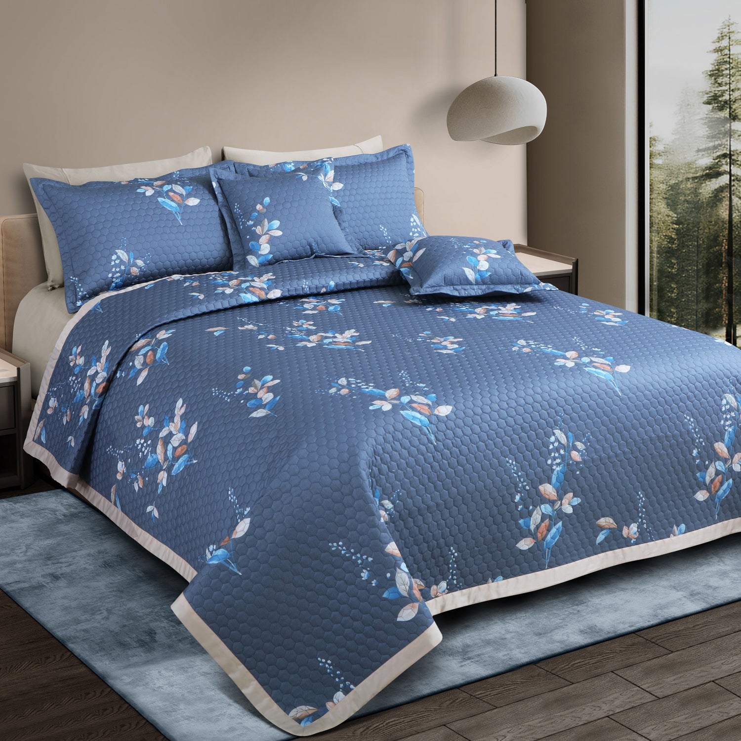 Royale Printed Quilted Bedspread Set with 2 Pillow Covers and 2 Cushion Covers-Blue