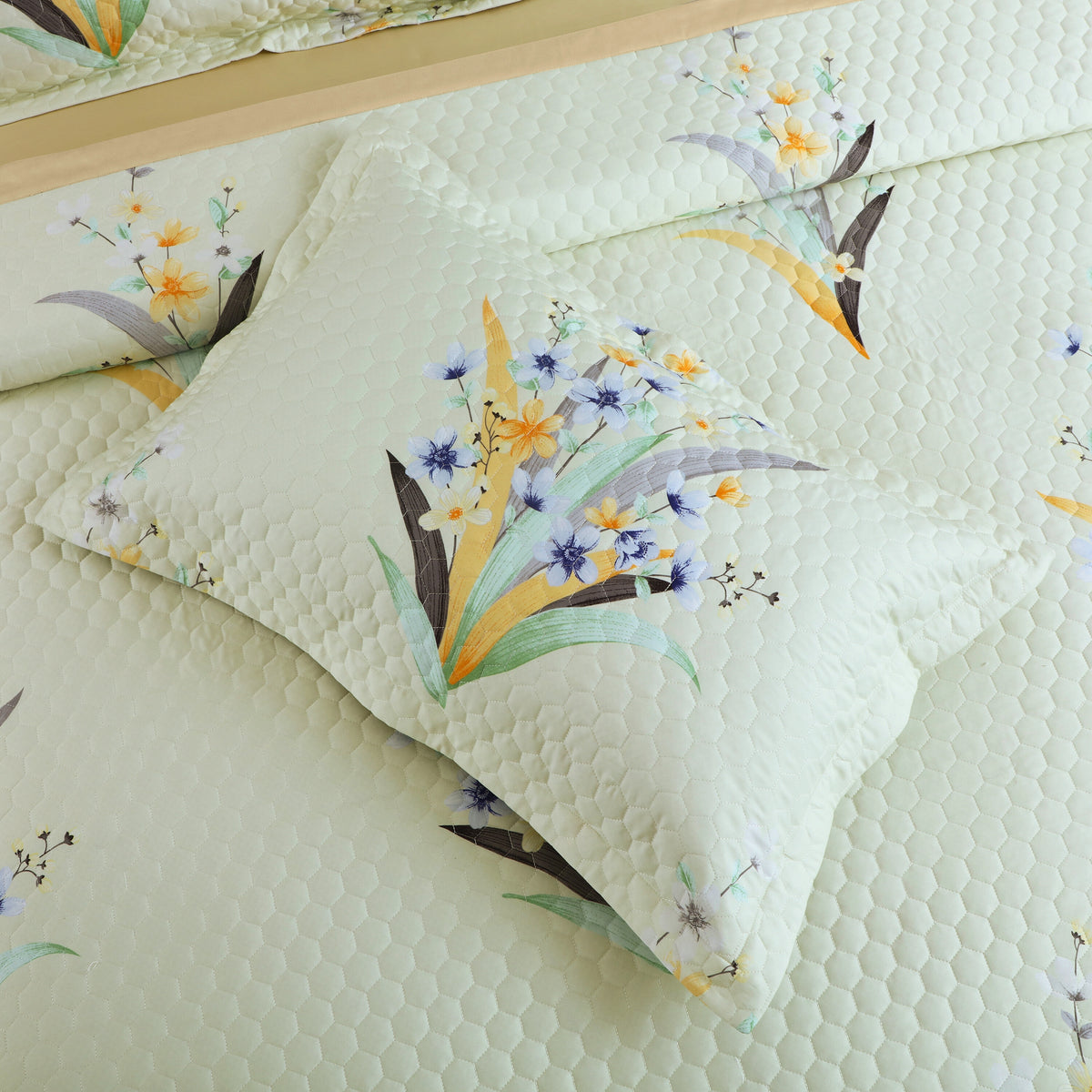 Royale Printed Quilted Bedspread Set with 2 Pillow Covers and 2 Cushion Covers-Tea Green