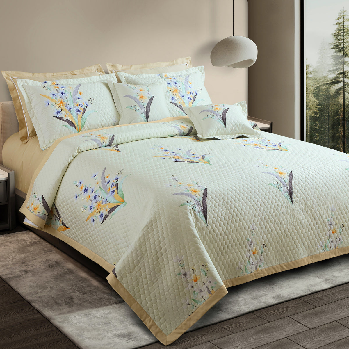 Royale Printed Quilted Bedspread Set with 2 Pillow Covers and 2 Cushion Covers-Tea Green