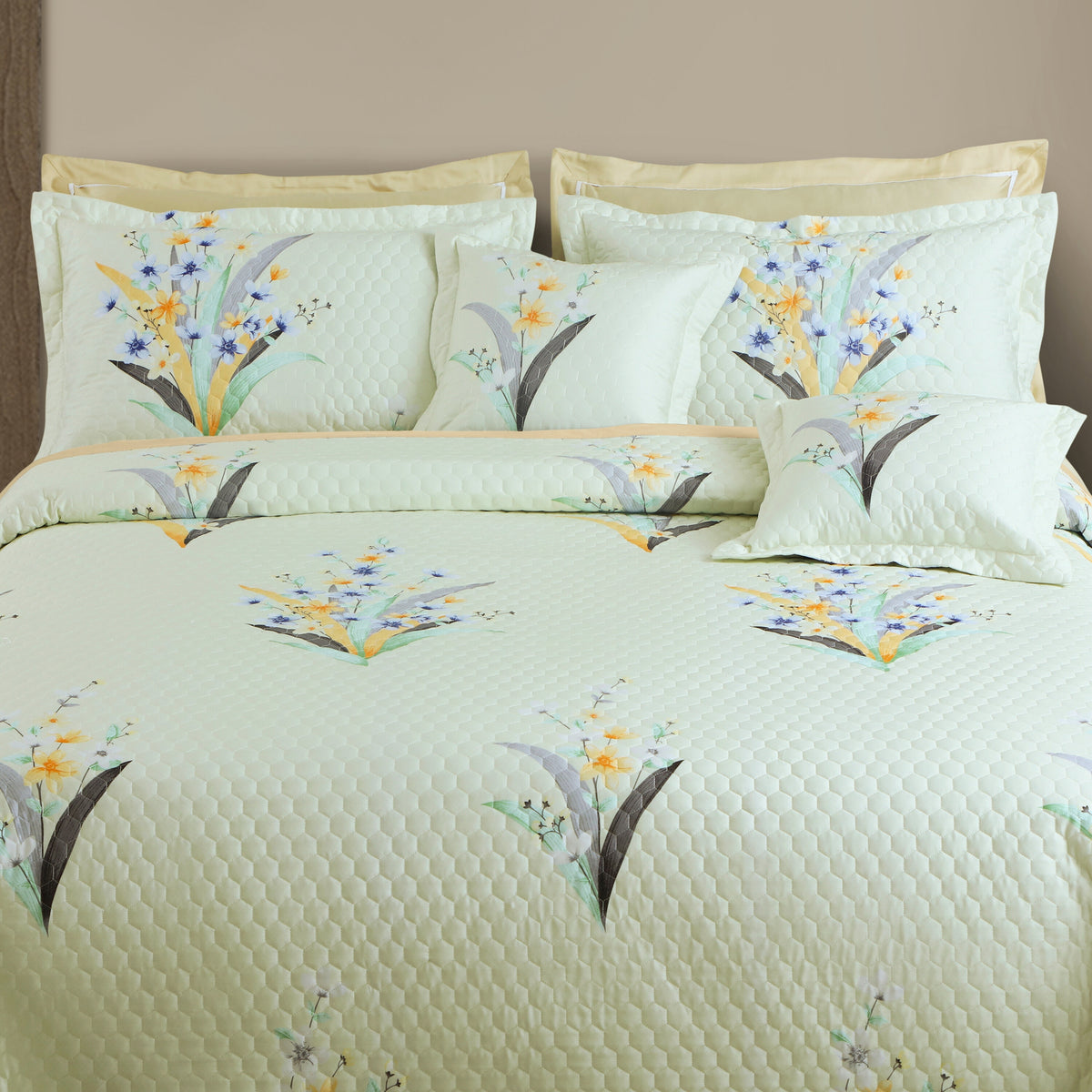 Royale Printed Quilted Bedspread Set with 2 Pillow Covers and 2 Cushion Covers-Tea Green