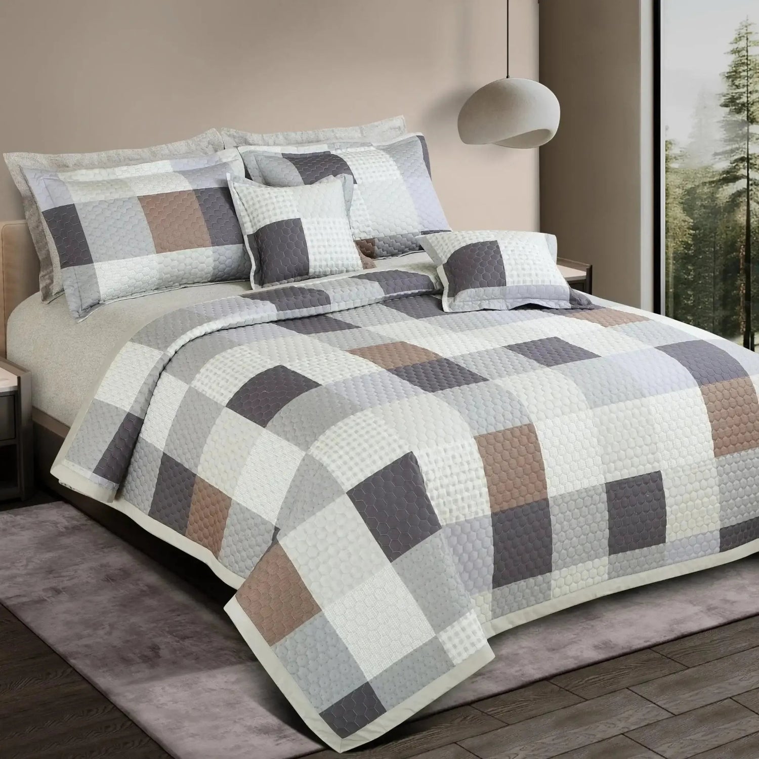 Royale Printed Quilted Bedspread Set with 2 Pillow Covers and 2 Cushion Covers-Beige