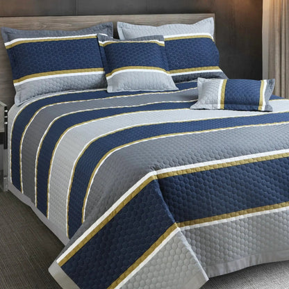 Royale Printed Quilted Bedspread Set with 2 Pillow Covers and 2 Cushion Covers-Blue