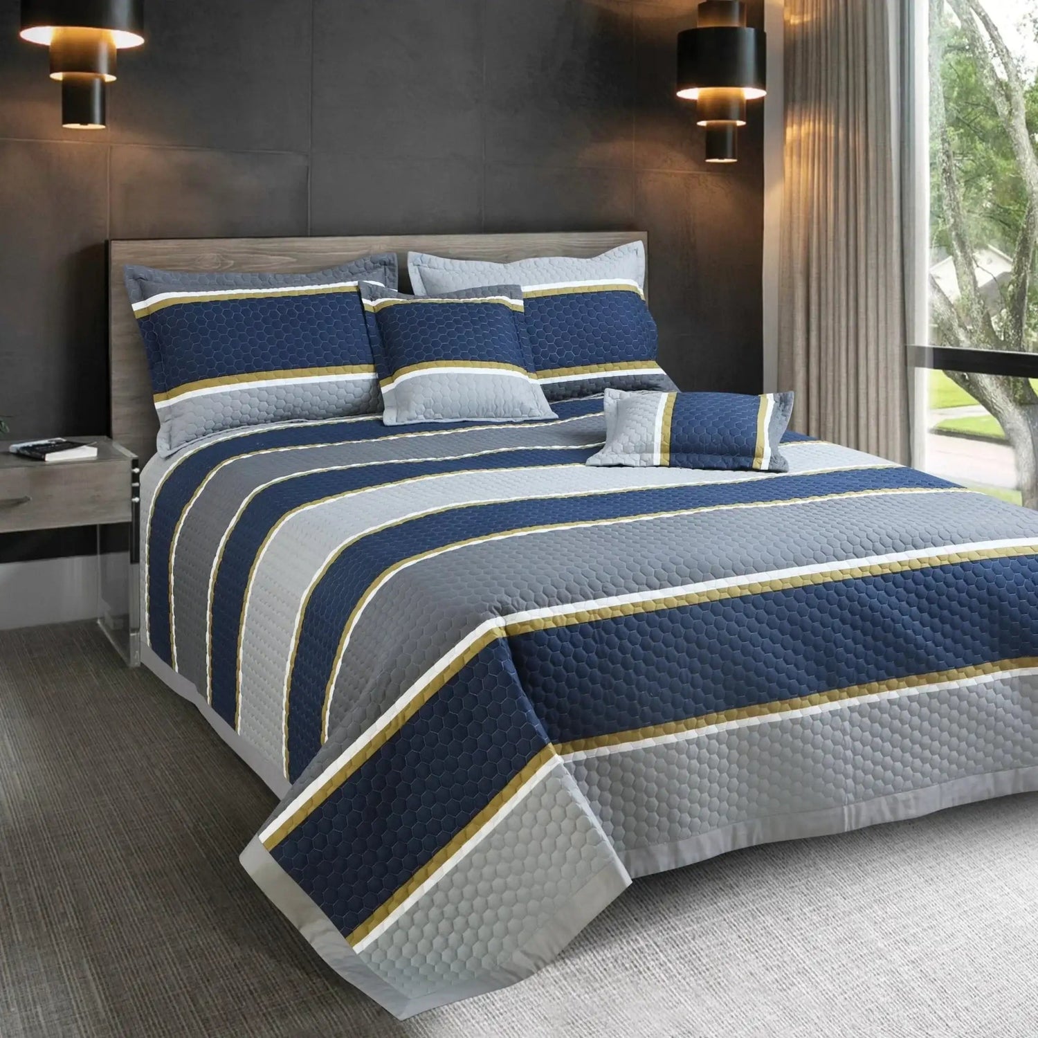 Royale Printed Quilted Bedspread Set with 2 Pillow Covers and 2 Cushion Covers-Blue