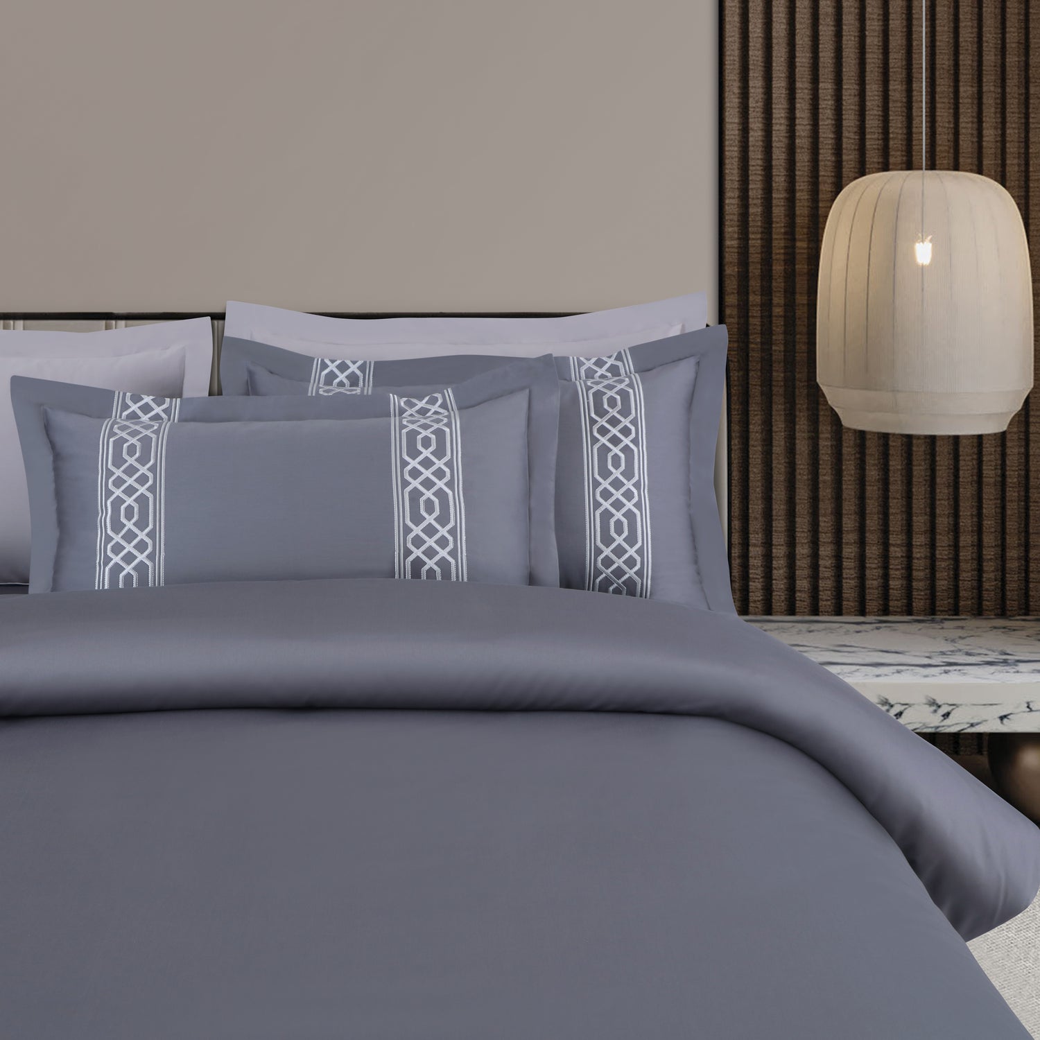 Luxe Stitch &amp; Dream Bedsheet with 2 Embroidered -2 Plain Pillow Cases -Grey