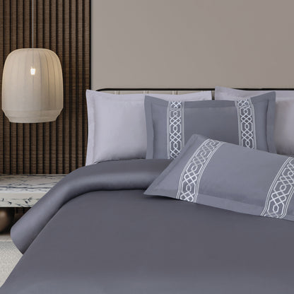 Luxe Stitch &amp; Dream Bedsheet with 2 Embroidered -2 Plain Pillow Cases -Grey