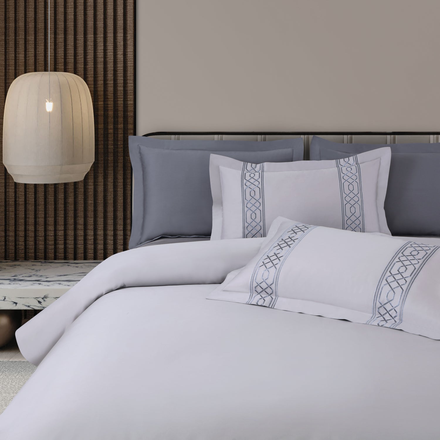 Luxe Stitch &amp; Dream Bedsheet with 2 Embroidered -2 Plain Pillow Cases -Silver Grey