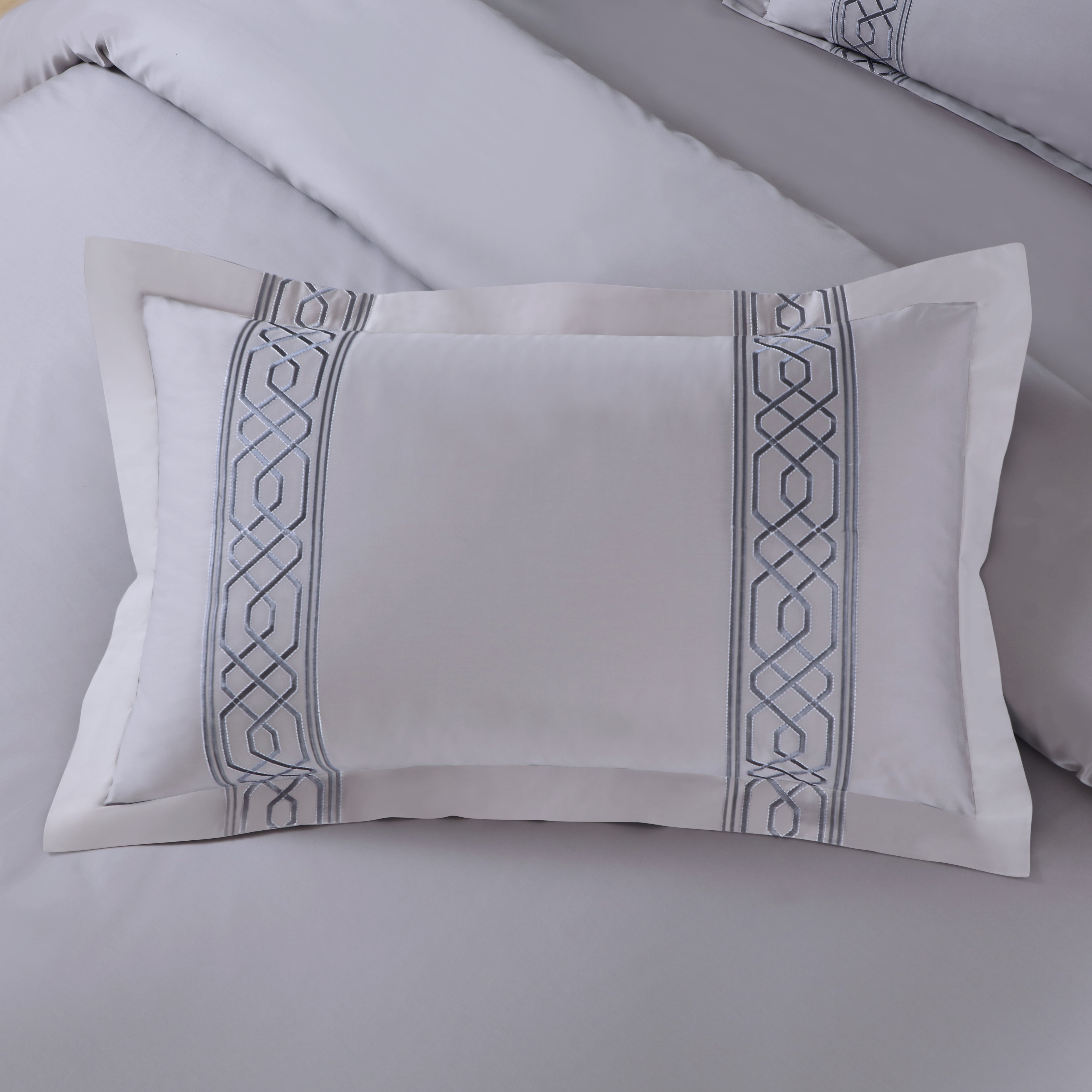 Luxe Stitch &amp; Dream Bedsheet with 2 Embroidered -2 Plain Pillow Cases -Silver Grey
