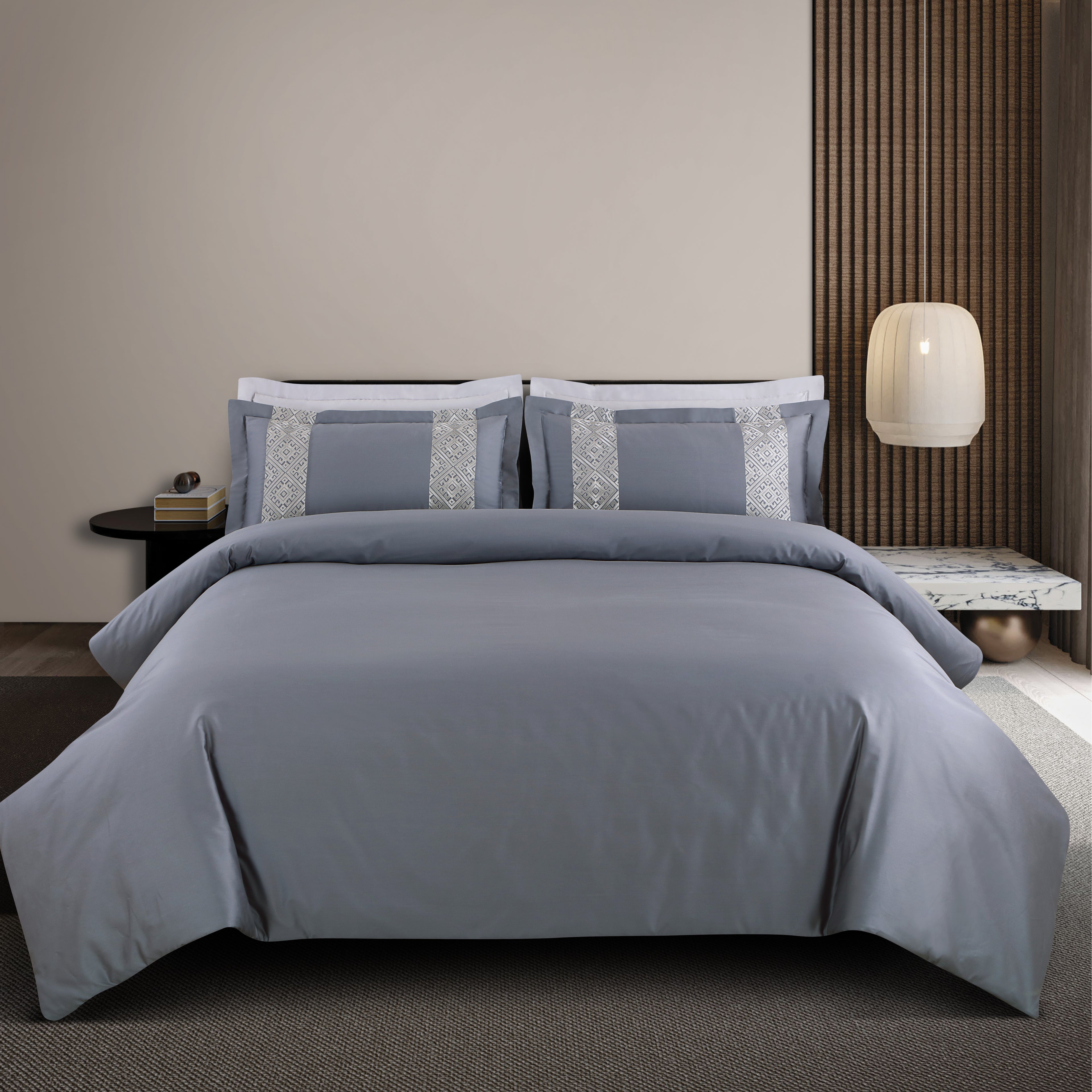 Luxe Stitch &amp; Dream Bedsheet with 2 Embroidered -2 Plain Pillow Cases -Grey