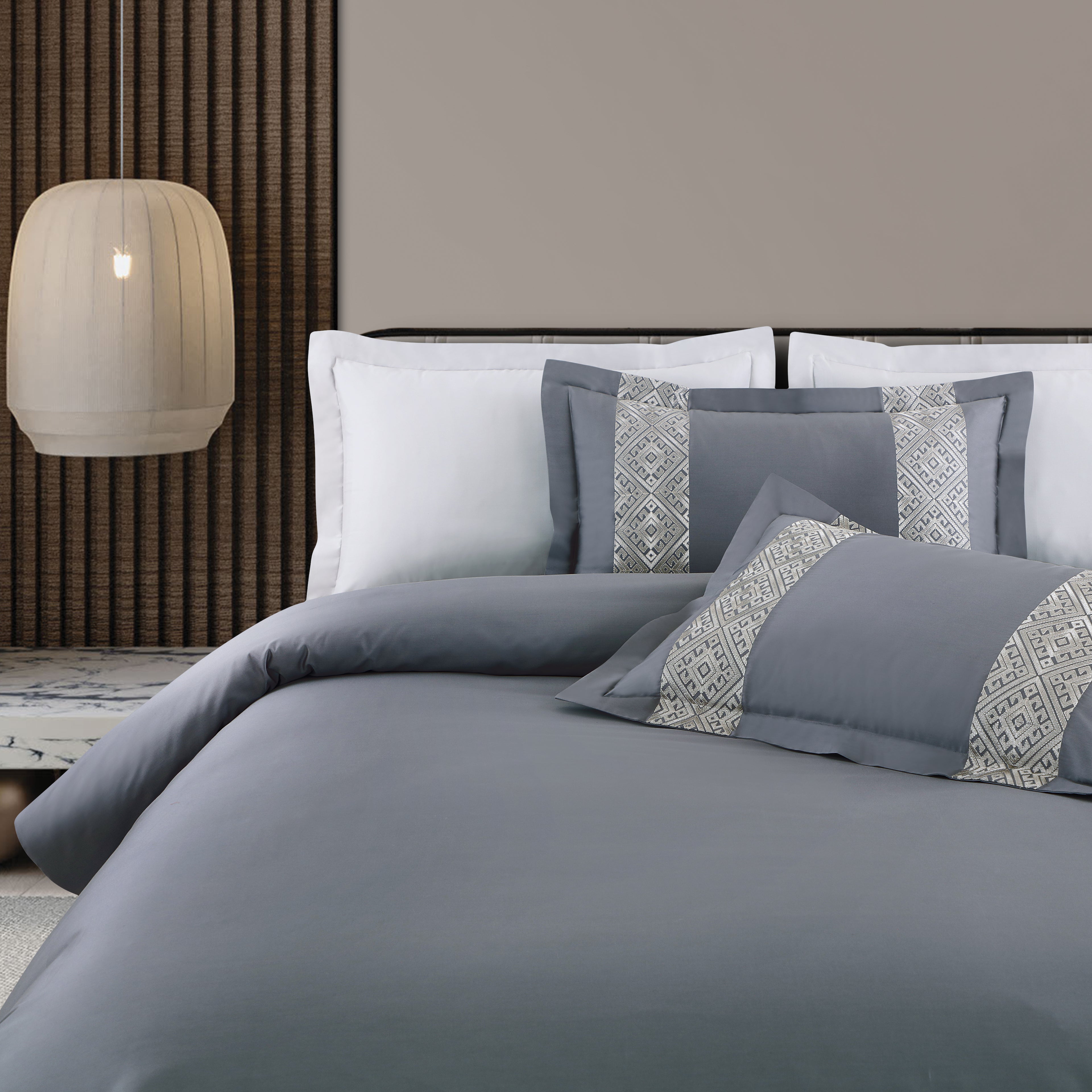 Luxe Stitch &amp; Dream Bedsheet with 2 Embroidered -2 Plain Pillow Cases -Grey