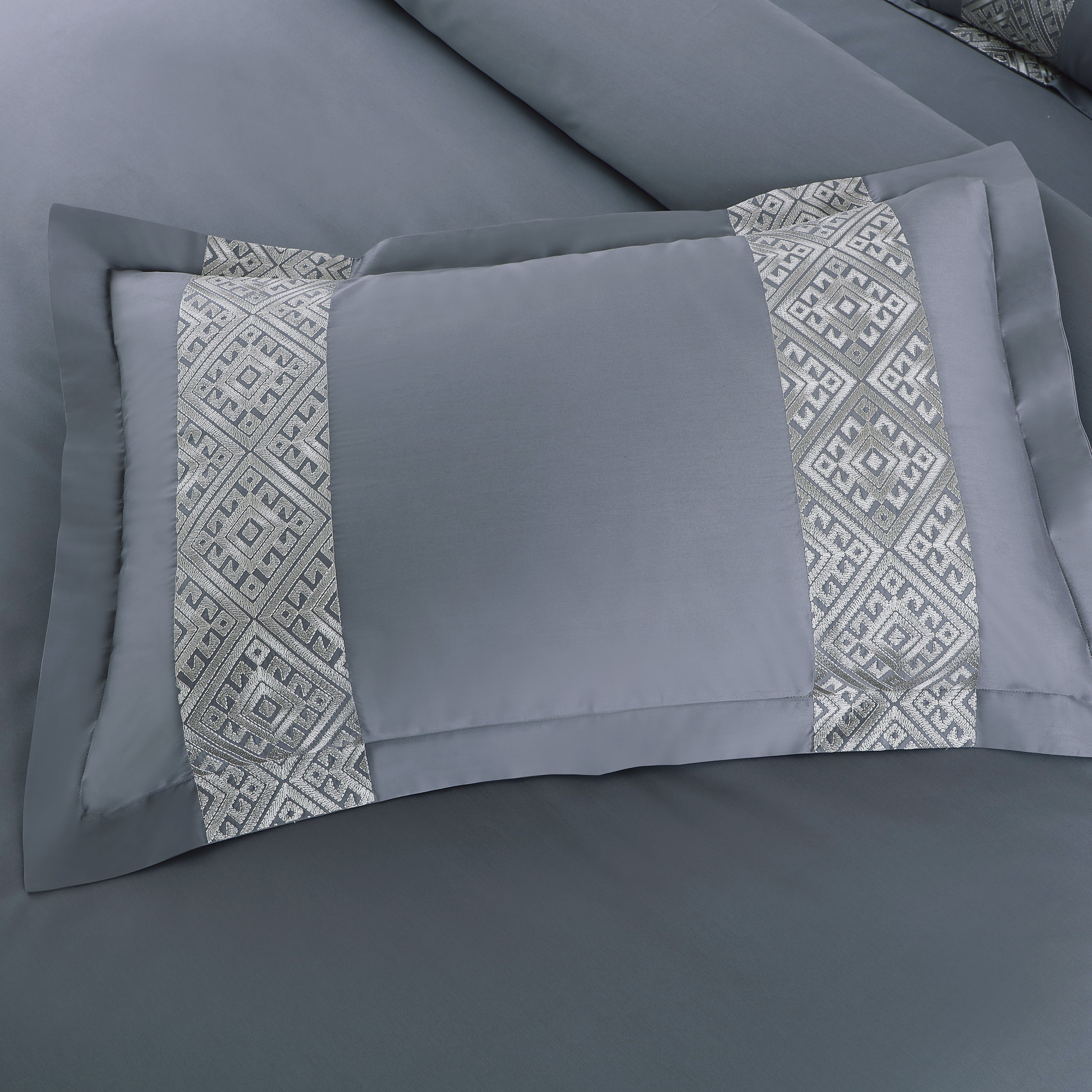 Luxe Stitch &amp; Dream Bedsheet with 2 Embroidered -2 Plain Pillow Cases -Grey