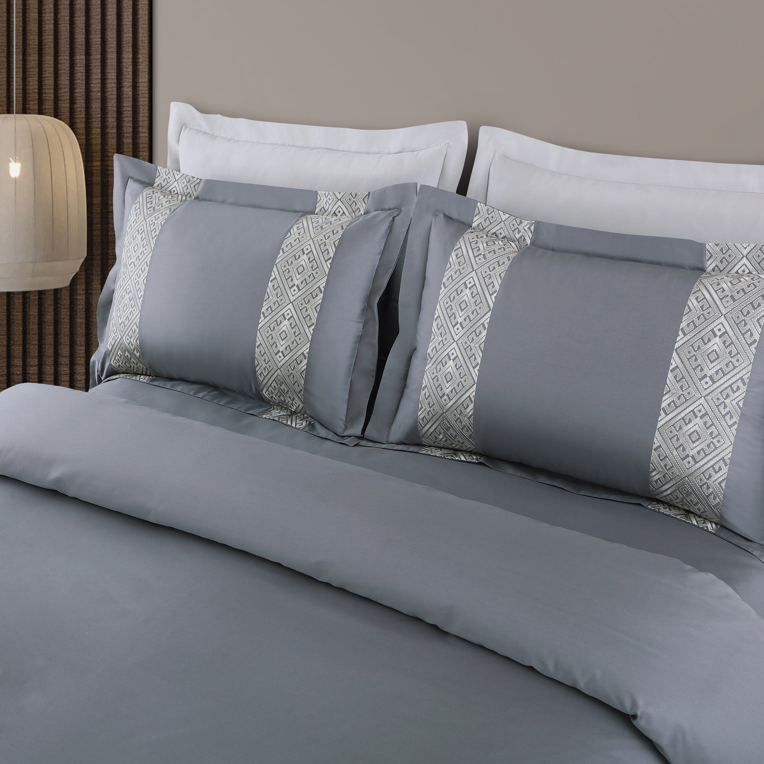Luxe Stitch &amp; Dream Bedsheet with 2 Embroidered -2 Plain Pillow Cases -Grey