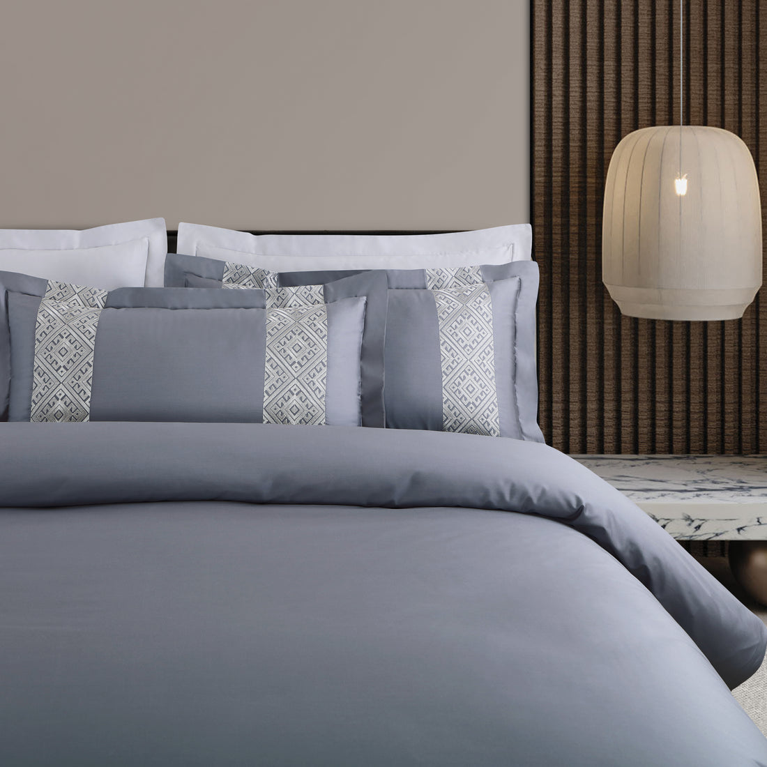 Luxe Stitch &amp; Dream Bedsheet with 2 Embroidered -2 Plain Pillow Cases -Grey