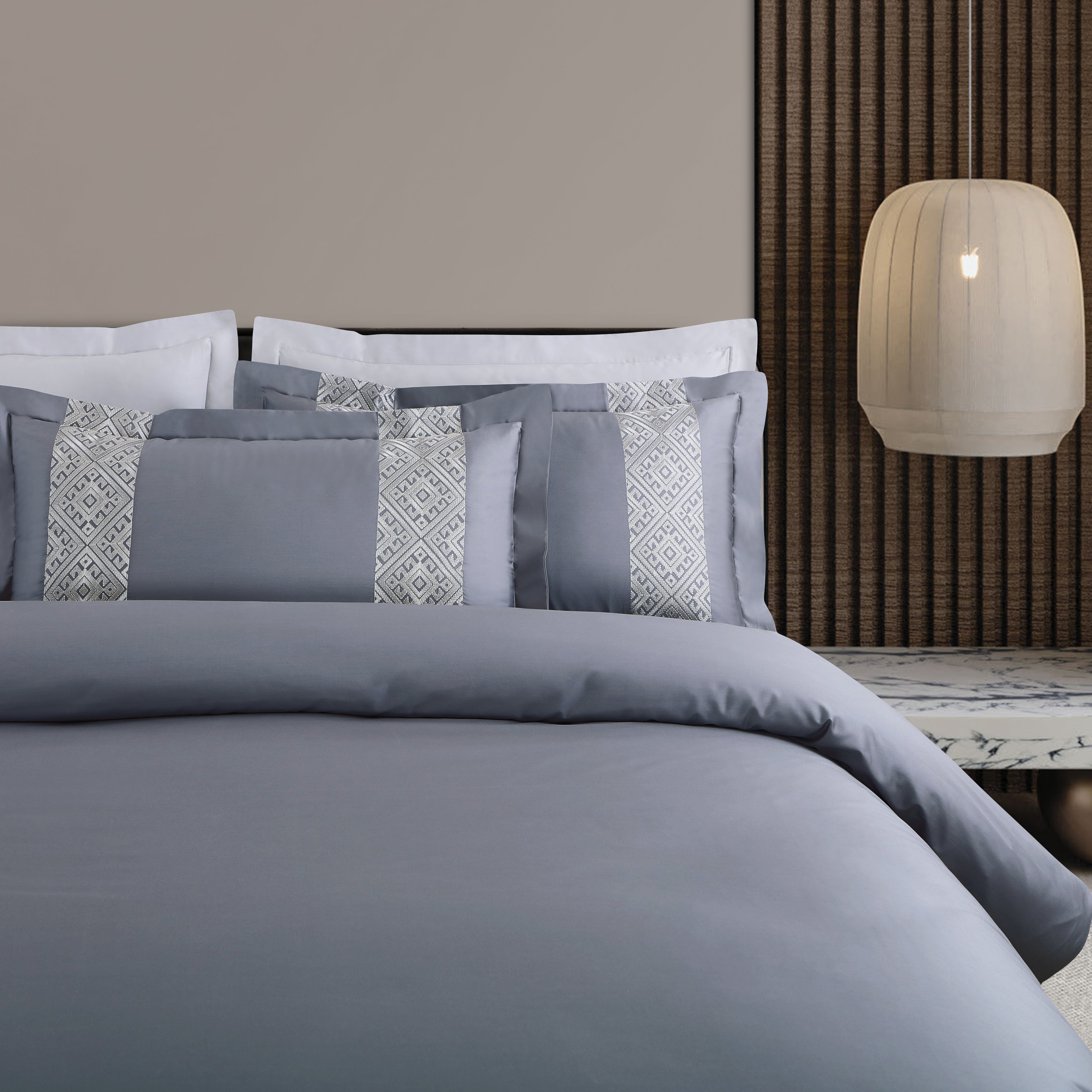 Luxe Stitch &amp; Dream Bedsheet with 2 Embroidered -2 Plain Pillow Cases -Grey