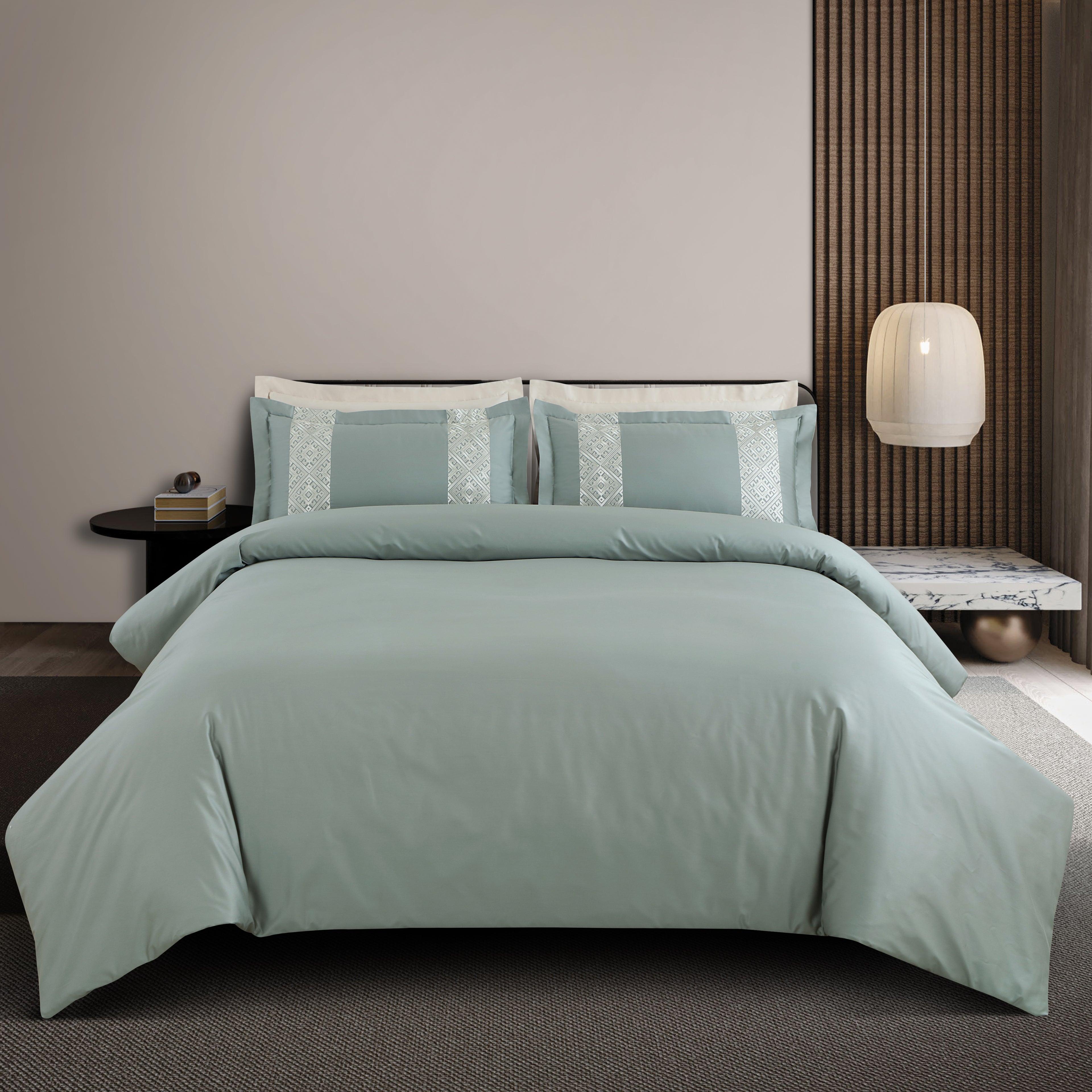Luxe Stitch &amp; Dream Bedsheet with 2 Embroidered -2 Plain Pillow Cases -Olive Green