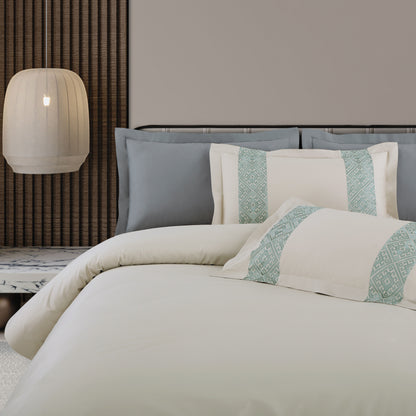 Luxe Stitch &amp; Dream Bedsheet with 2 Embroidered -2 Plain Pillow Cases -Olive Beige