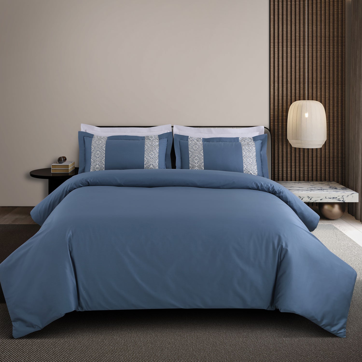 Luxe Stitch &amp; Dream Bedsheet with 2 Embroidered -2 Plain Pillow Cases -Blue