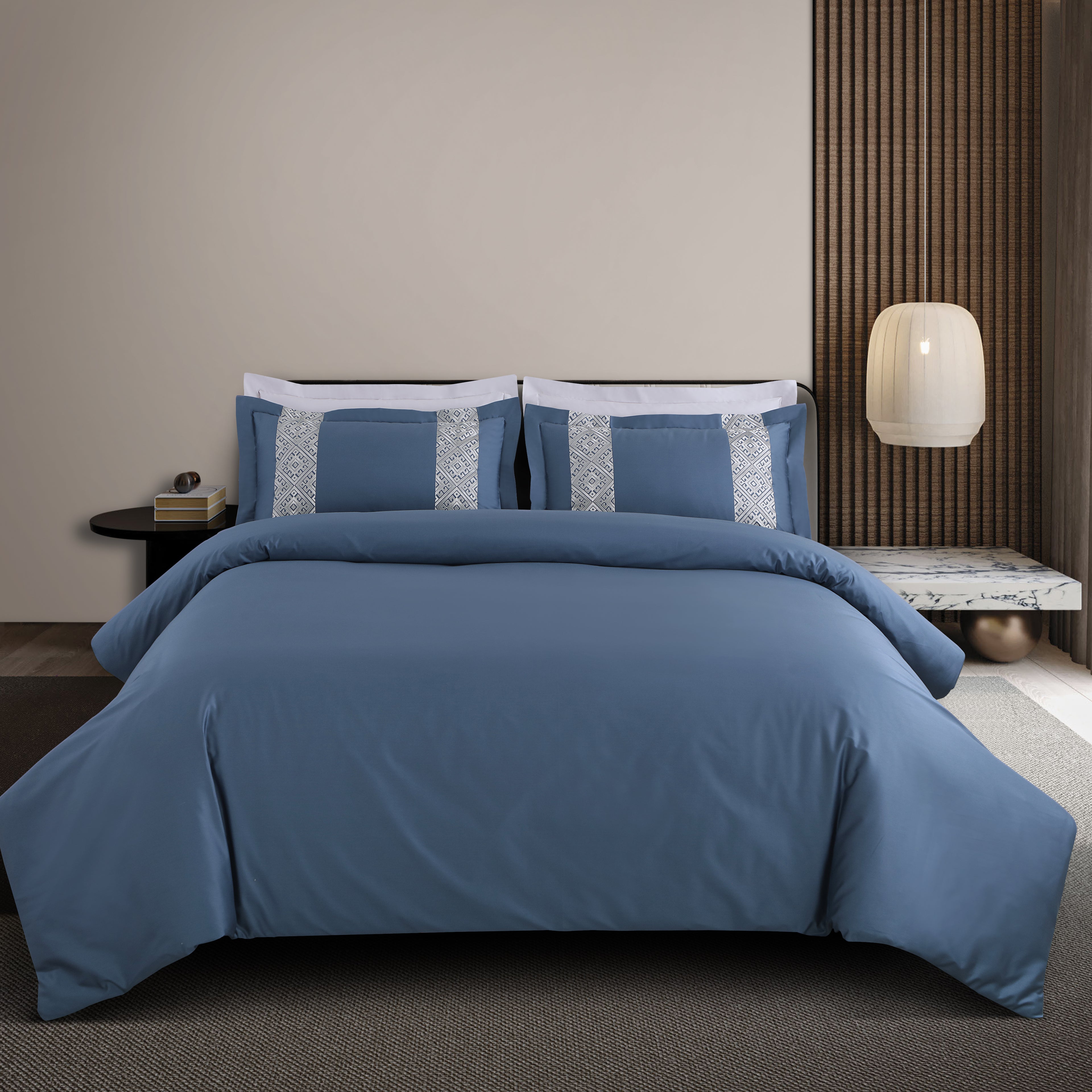 Luxe Stitch &amp; Dream Bedsheet with 2 Embroidered -2 Plain Pillow Cases -Blue