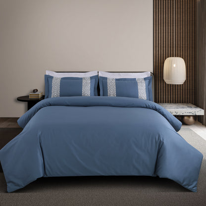 Luxe Stitch &amp; Dream Bedsheet with 2 Embroidered -2 Plain Pillow Cases -Blue