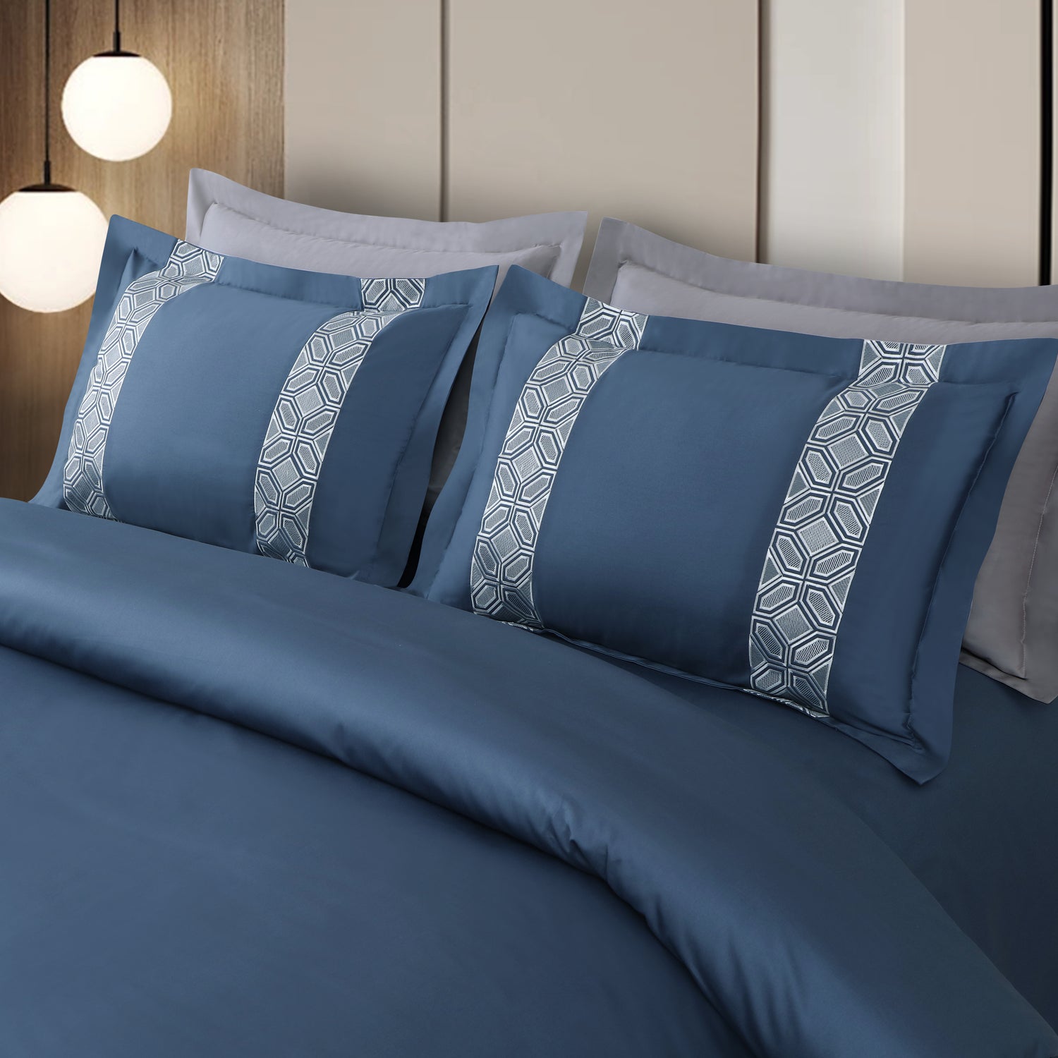 Luxe Stitch &amp; Dream Bedsheet with 2 Embroidered &amp; Plain Pillow Cases - Blue