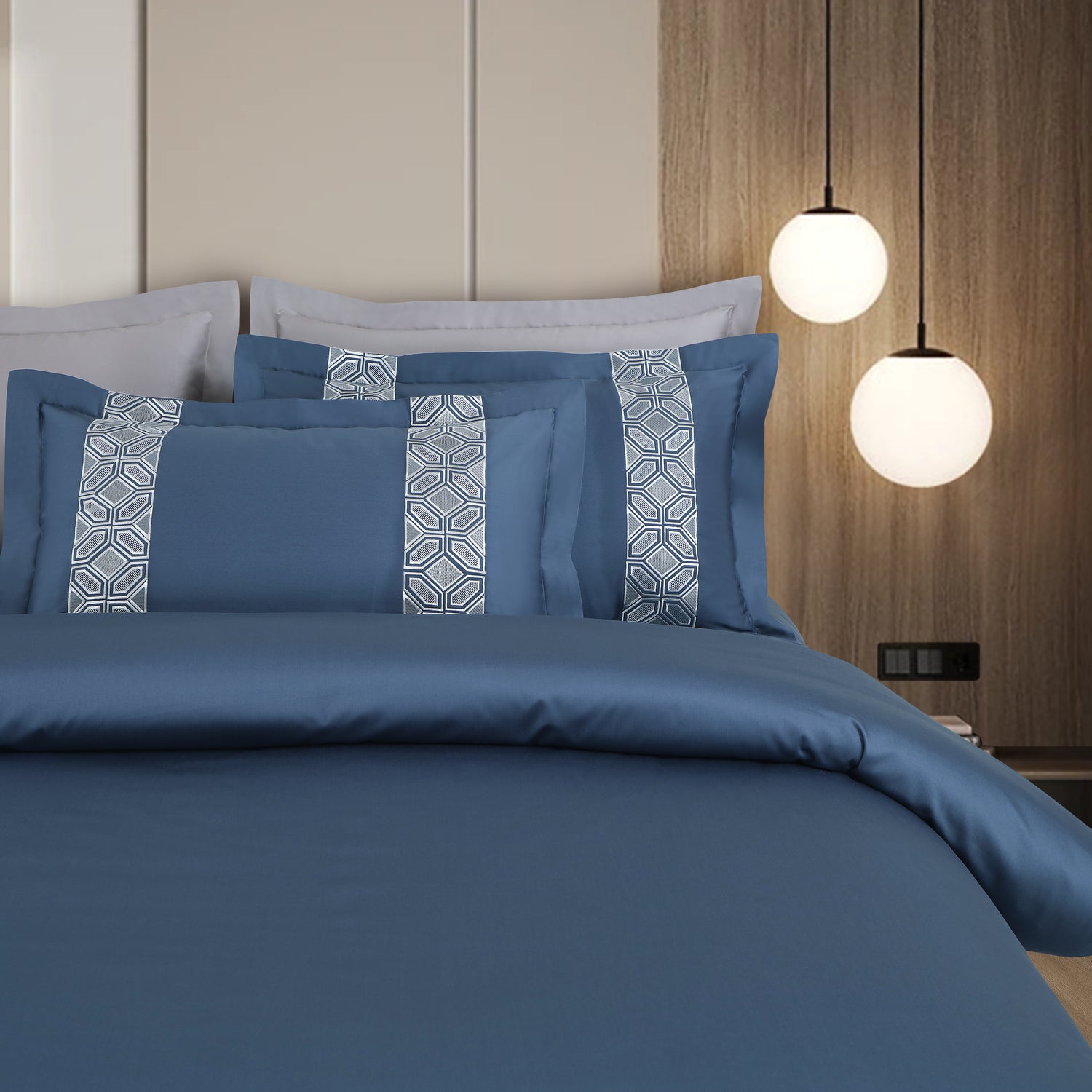 Luxe Stitch &amp; Dream Bedsheet with 2 Embroidered &amp; Plain Pillow Cases - Blue