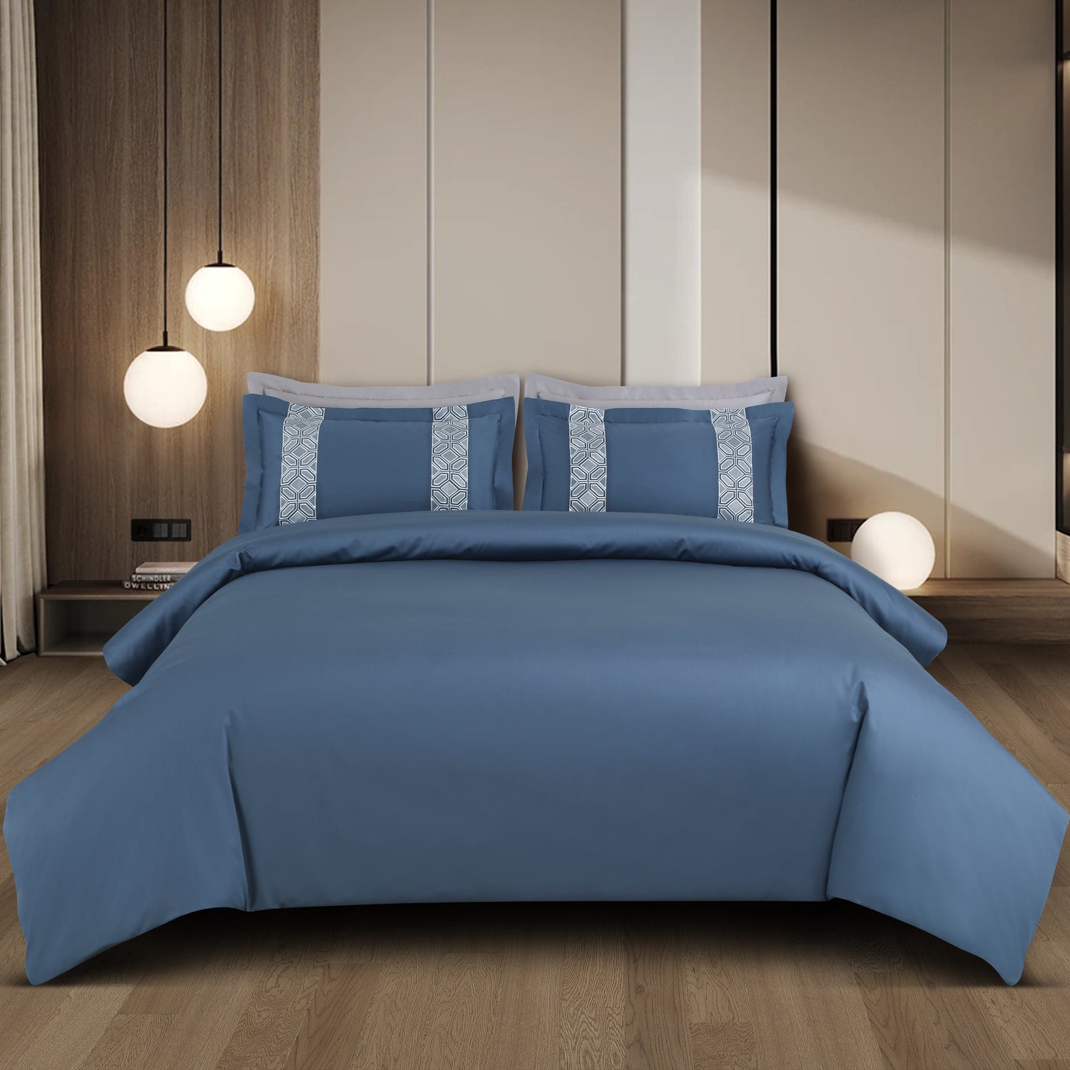 Luxe Stitch &amp; Dream Bedsheet with 2 Embroidered &amp; Plain Pillow Cases - Blue