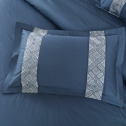 Luxe Stitch &amp; Dream Bedsheet with 2 Embroidered &amp; Plain Pillow Cases - Blue