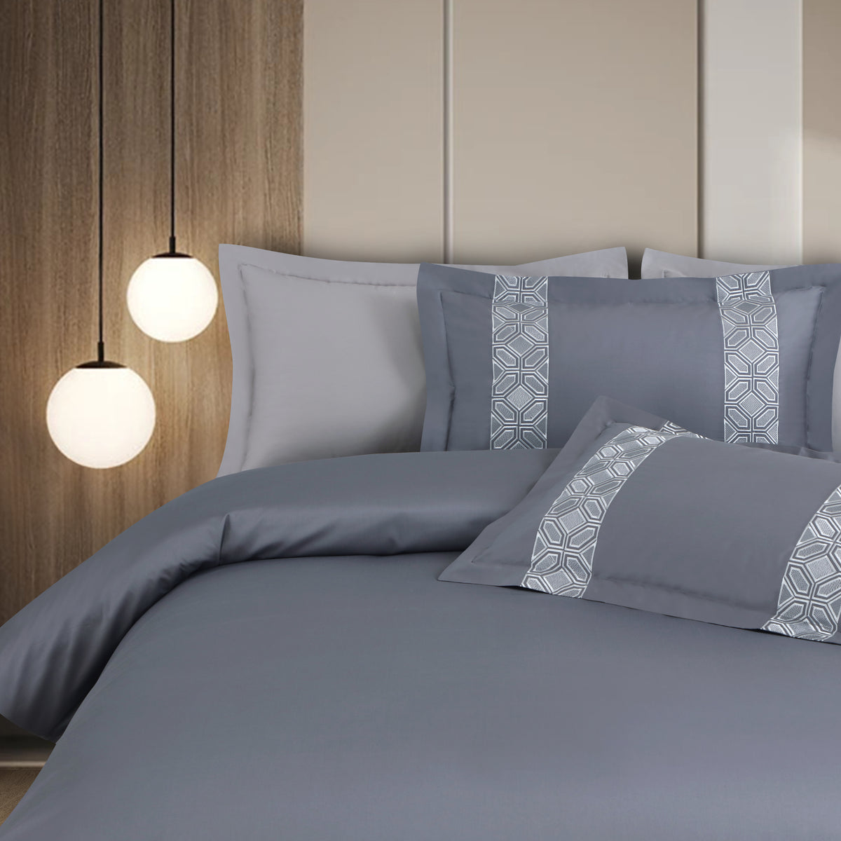 Luxe Stitch &amp; Dream Bedsheet with 2 Embroidered &amp; Plain Pillow Cases - Grey