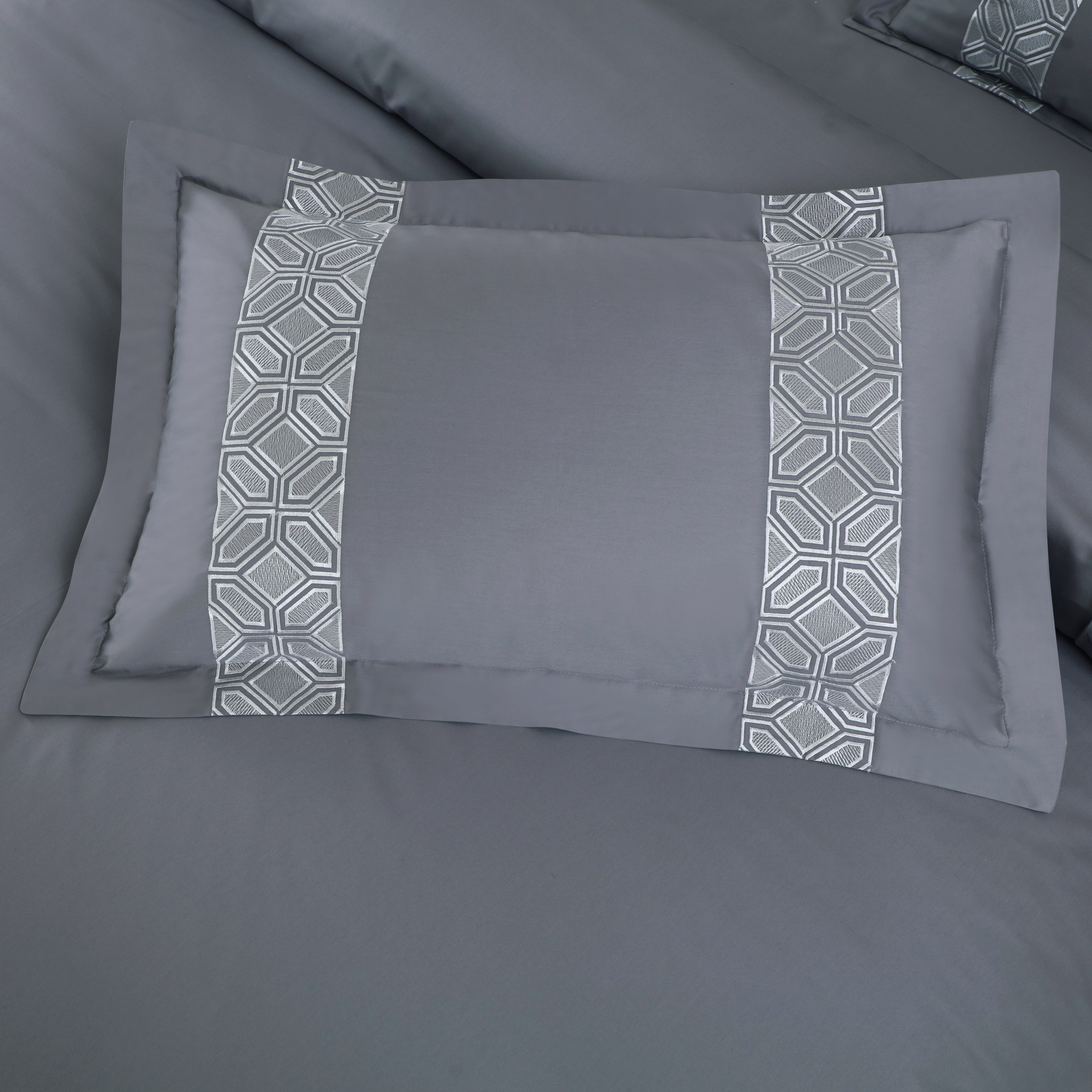 Luxe Stitch &amp; Dream Bedsheet with 2 Embroidered &amp; Plain Pillow Cases - Grey